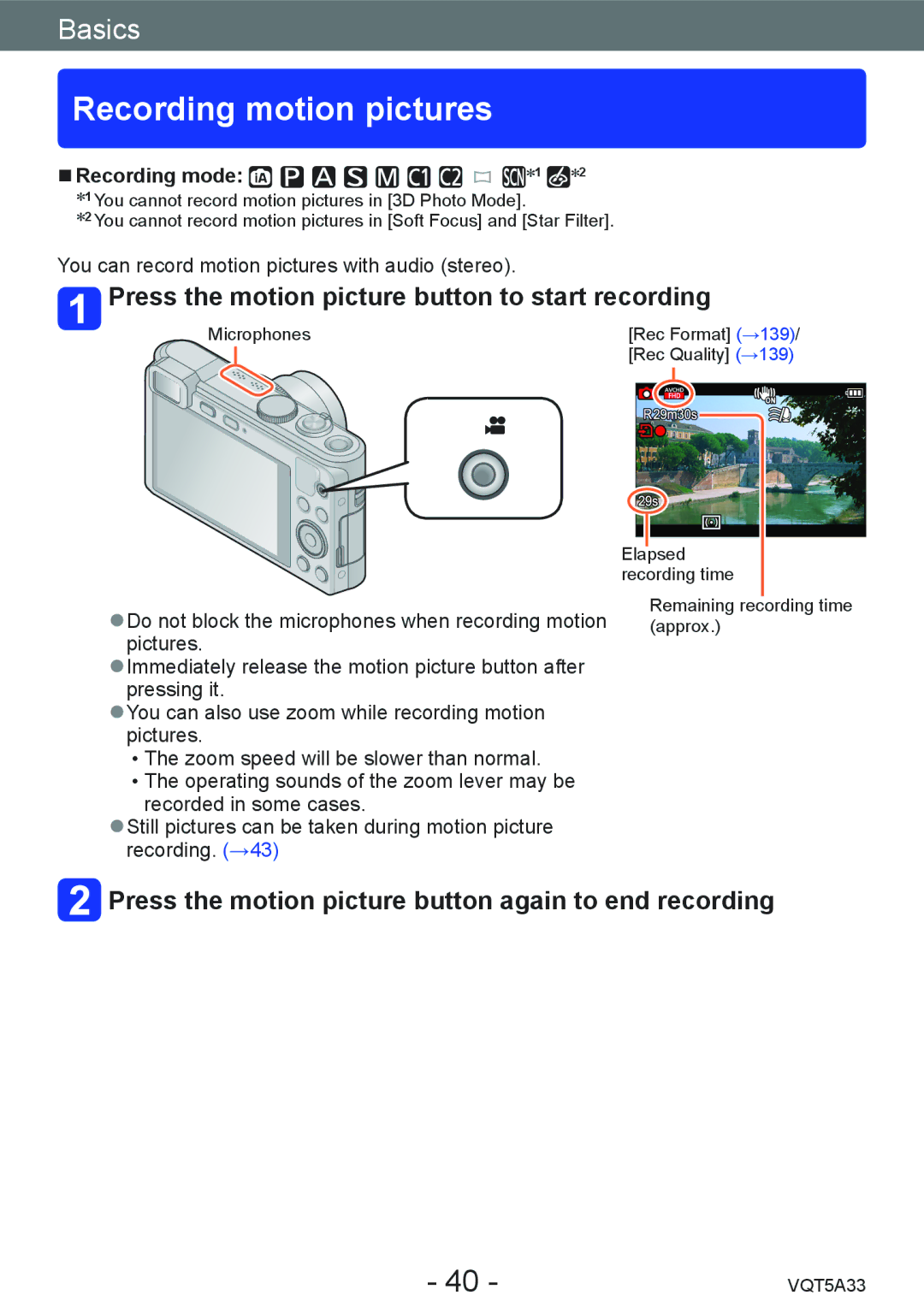 Panasonic DMC-LF1K, DMCLF1W owner manual Recording motion pictures, Press the motion picture button to start recording 