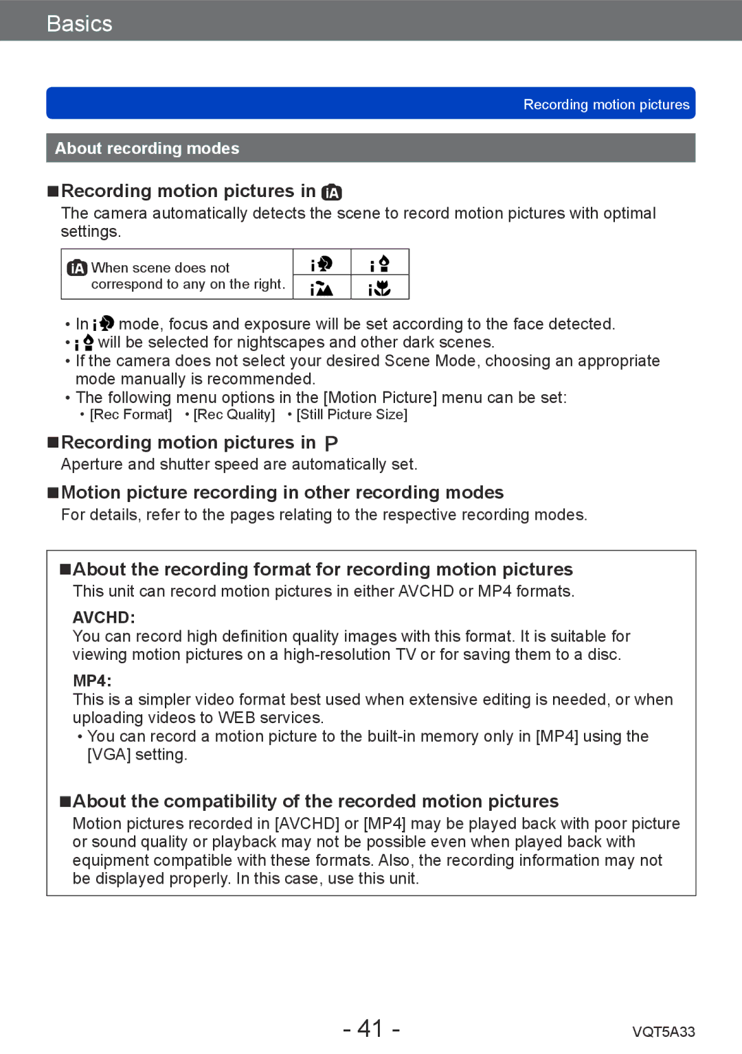 Panasonic DMCLF1W, DMC-LF1K owner manual Motion picture recording in other recording modes, About recording modes, MP4 