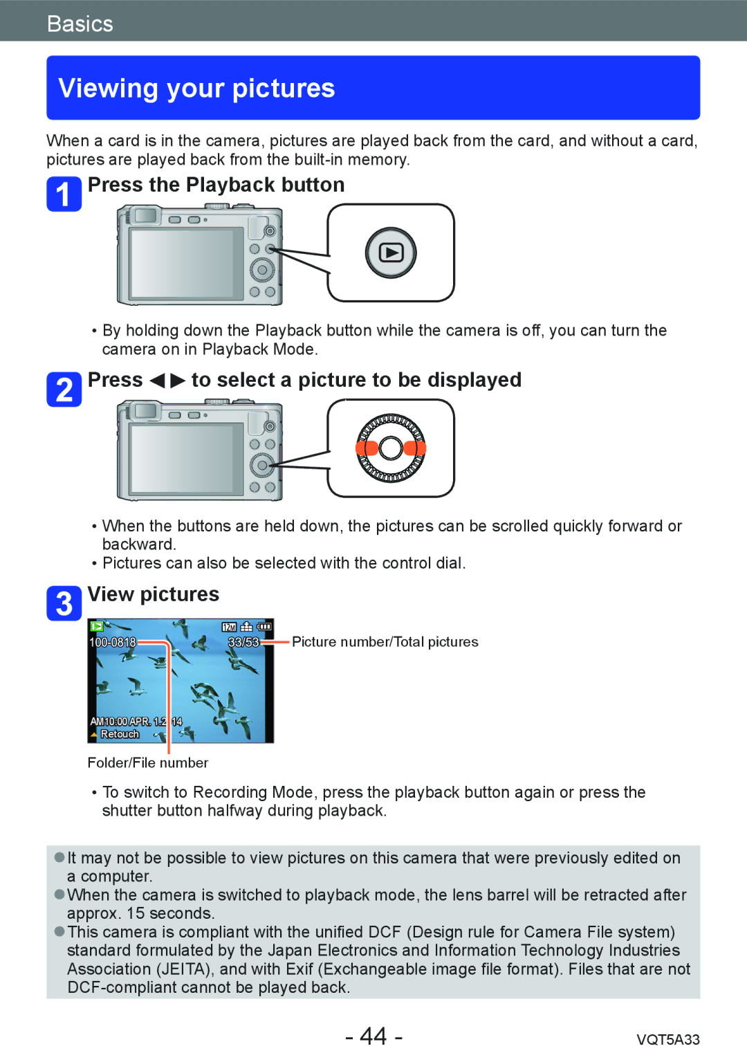 Panasonic DMC-LF1K, DMCLF1W Viewing your pictures, Press the Playback button, Press to select a picture to be displayed 