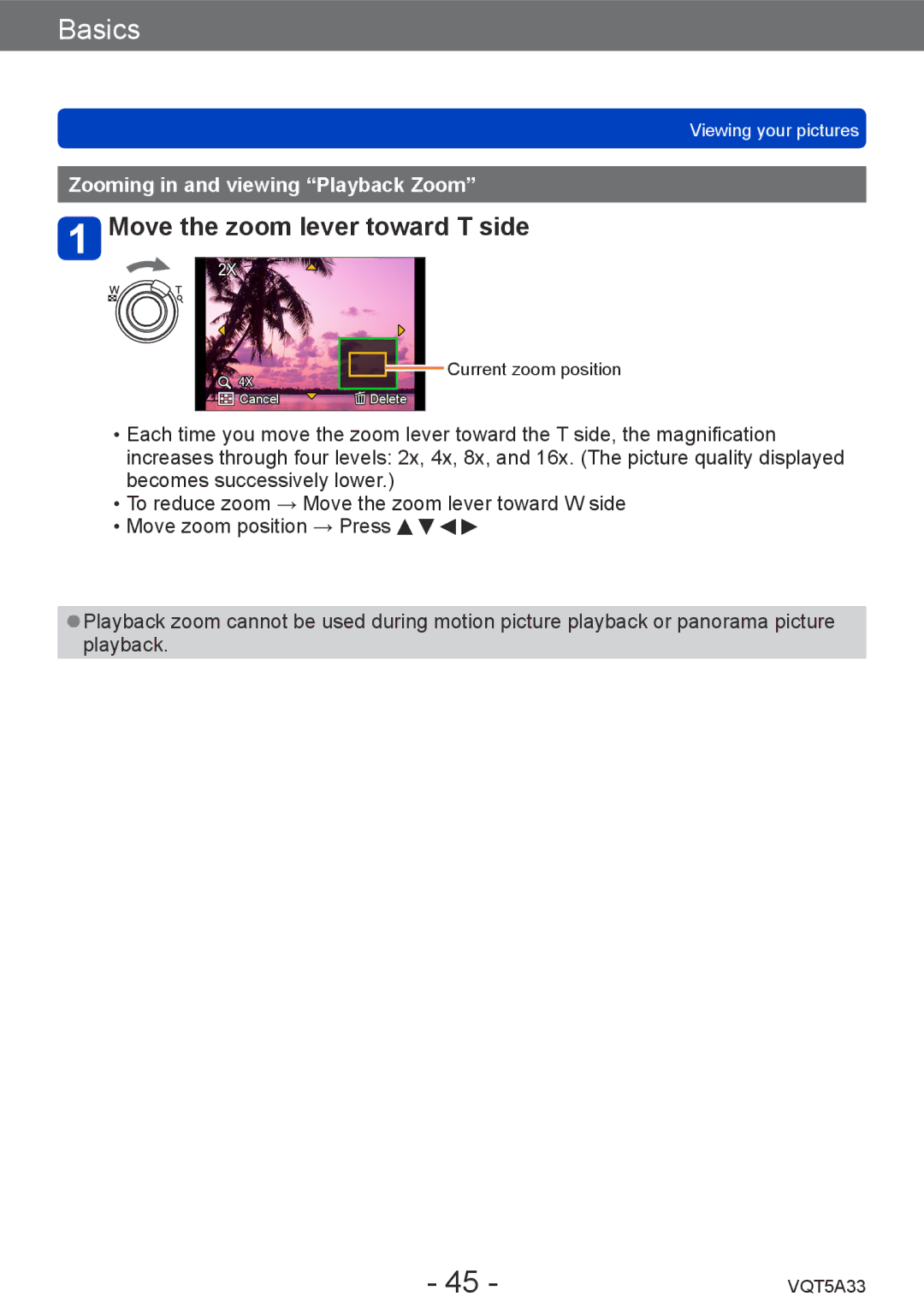 Panasonic DMCLF1W, DMC-LF1K owner manual Move the zoom lever toward T side, Zooming in and viewing Playback Zoom 