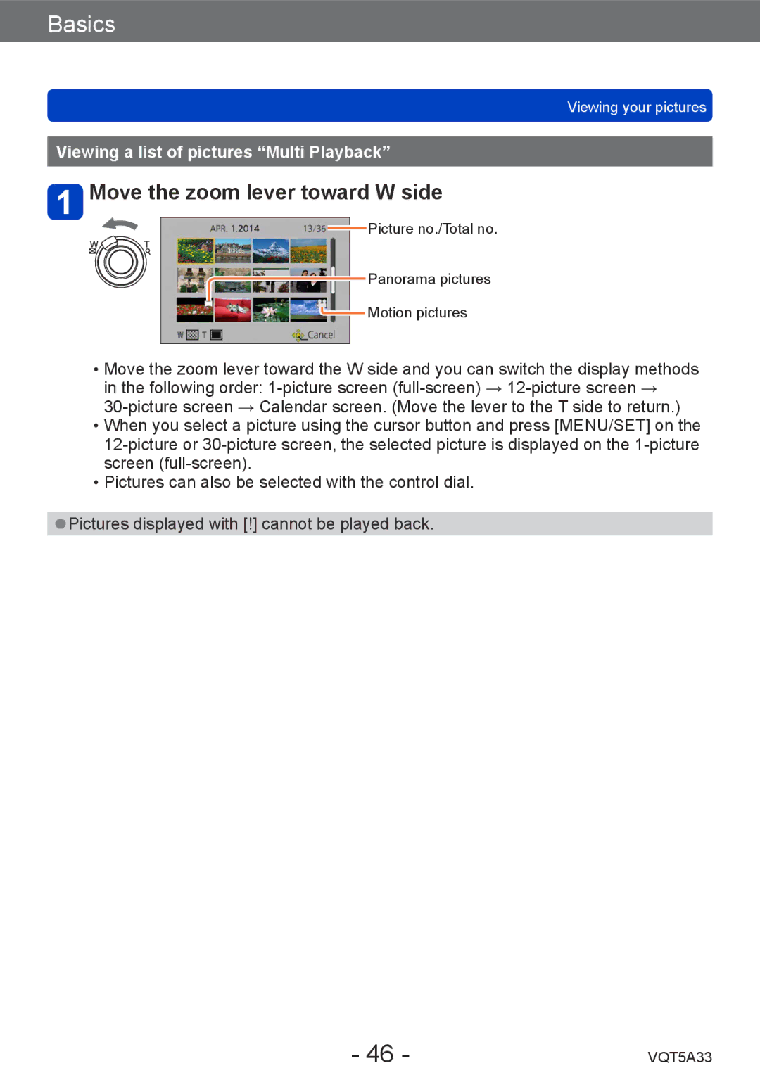 Panasonic DMC-LF1K, DMCLF1W owner manual Move the zoom lever toward W side, Viewing a list of pictures Multi Playback 