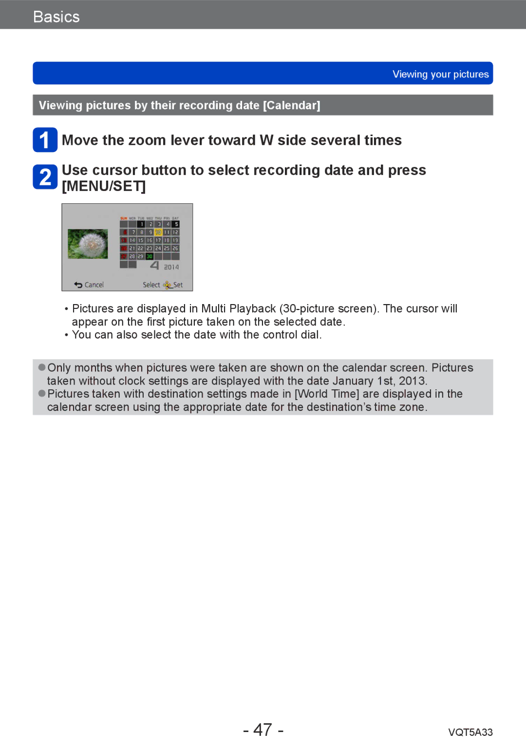 Panasonic DMCLF1W, DMC-LF1K owner manual Viewing pictures by their recording date Calendar 