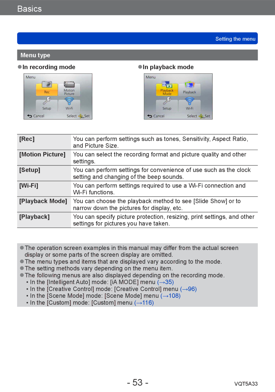 Panasonic DMCLF1W, DMC-LF1K owner manual Menu type 