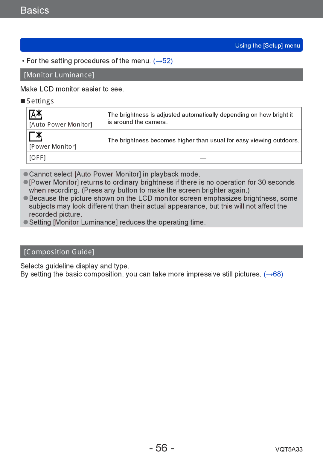 Panasonic DMC-LF1K, DMCLF1W owner manual Monitor Luminance, Composition Guide, Auto Power Monitor 