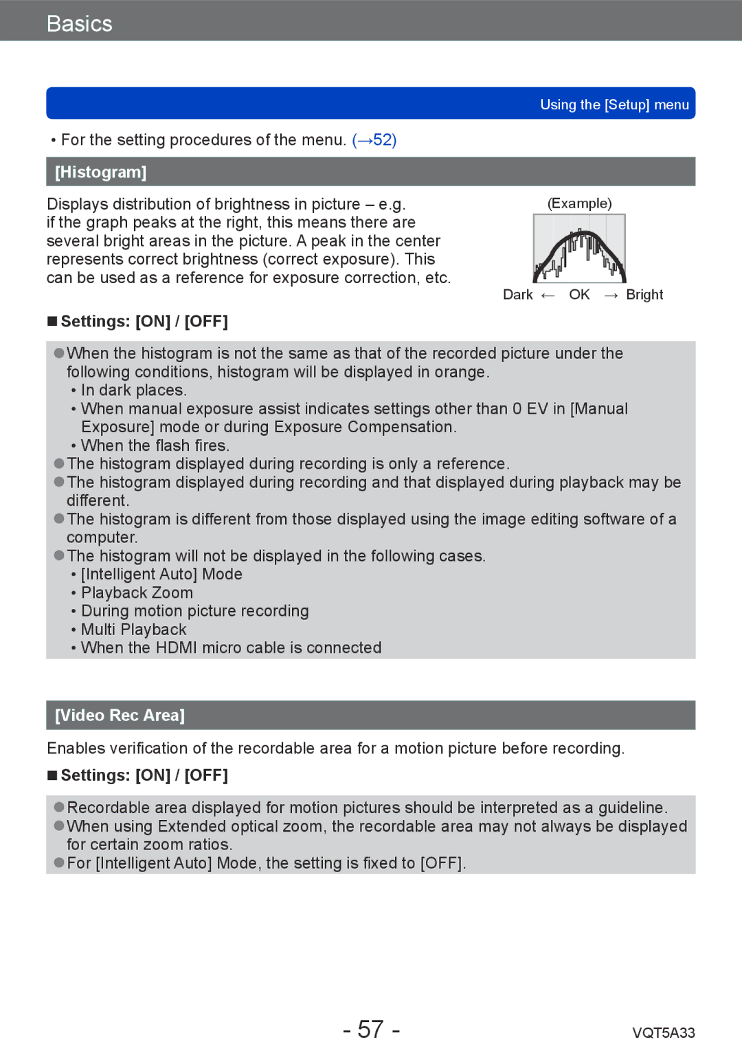 Panasonic DMCLF1W, DMC-LF1K owner manual Histogram, Settings on / OFF, Video Rec Area 