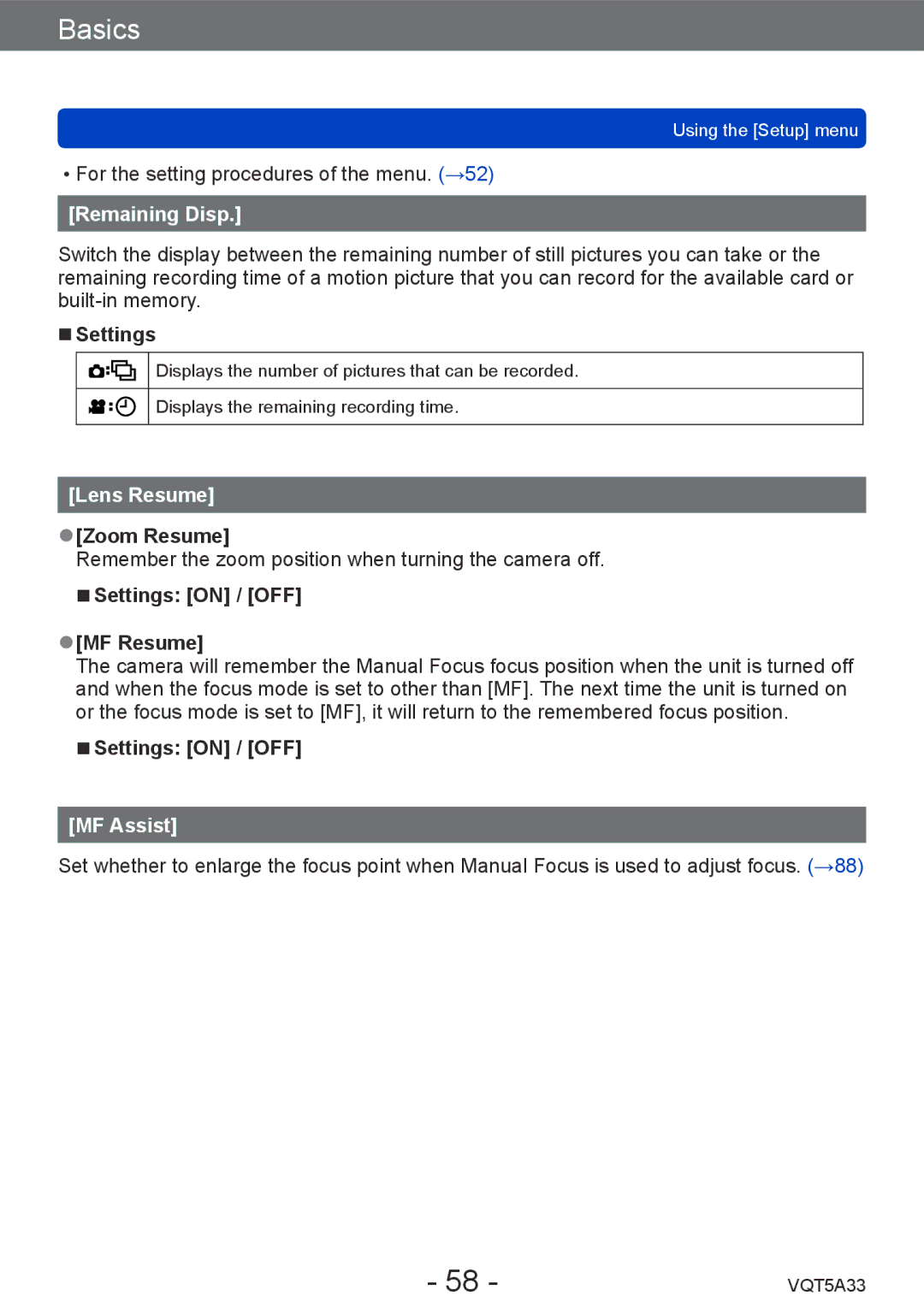 Panasonic DMC-LF1K, DMCLF1W owner manual Remaining Disp, Lens Resume, Zoom Resume, Settings on / OFF MF Resume, MF Assist 