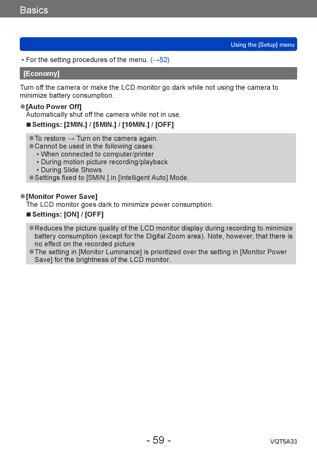 Panasonic DMCLF1W, DMC-LF1K owner manual Economy, Auto Power Off, Settings 2MIN. / 5MIN. / 10MIN. / OFF, Monitor Power Save 