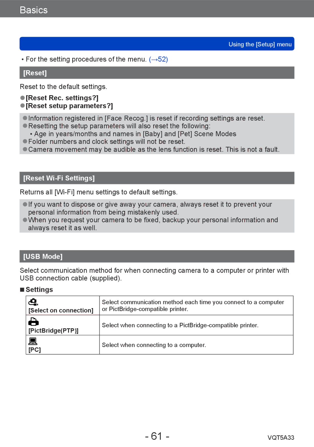 Panasonic DMCLF1W, DMC-LF1K owner manual Reset Rec. settings? Reset setup parameters?, Reset Wi-Fi Settings, USB Mode 