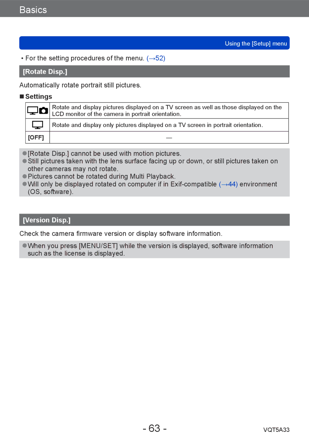 Panasonic DMCLF1W, DMC-LF1K owner manual Rotate Disp, Version Disp 