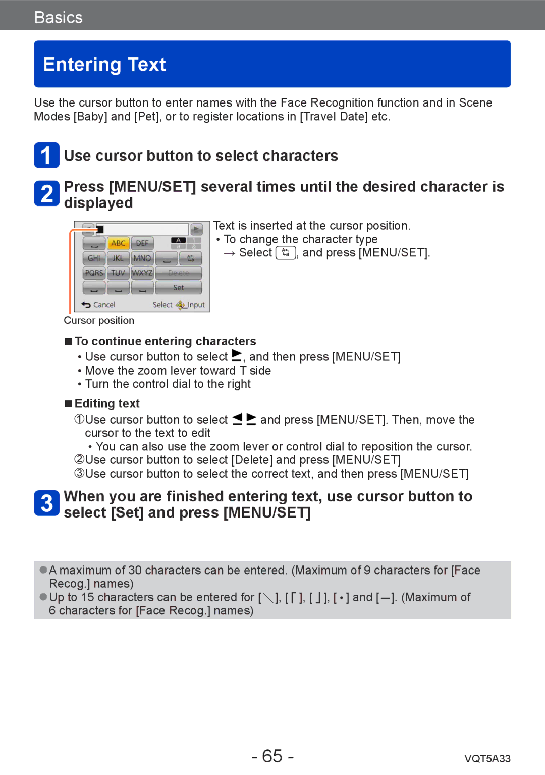 Panasonic DMCLF1W, DMC-LF1K owner manual Entering Text, To continue entering characters, Editing text 