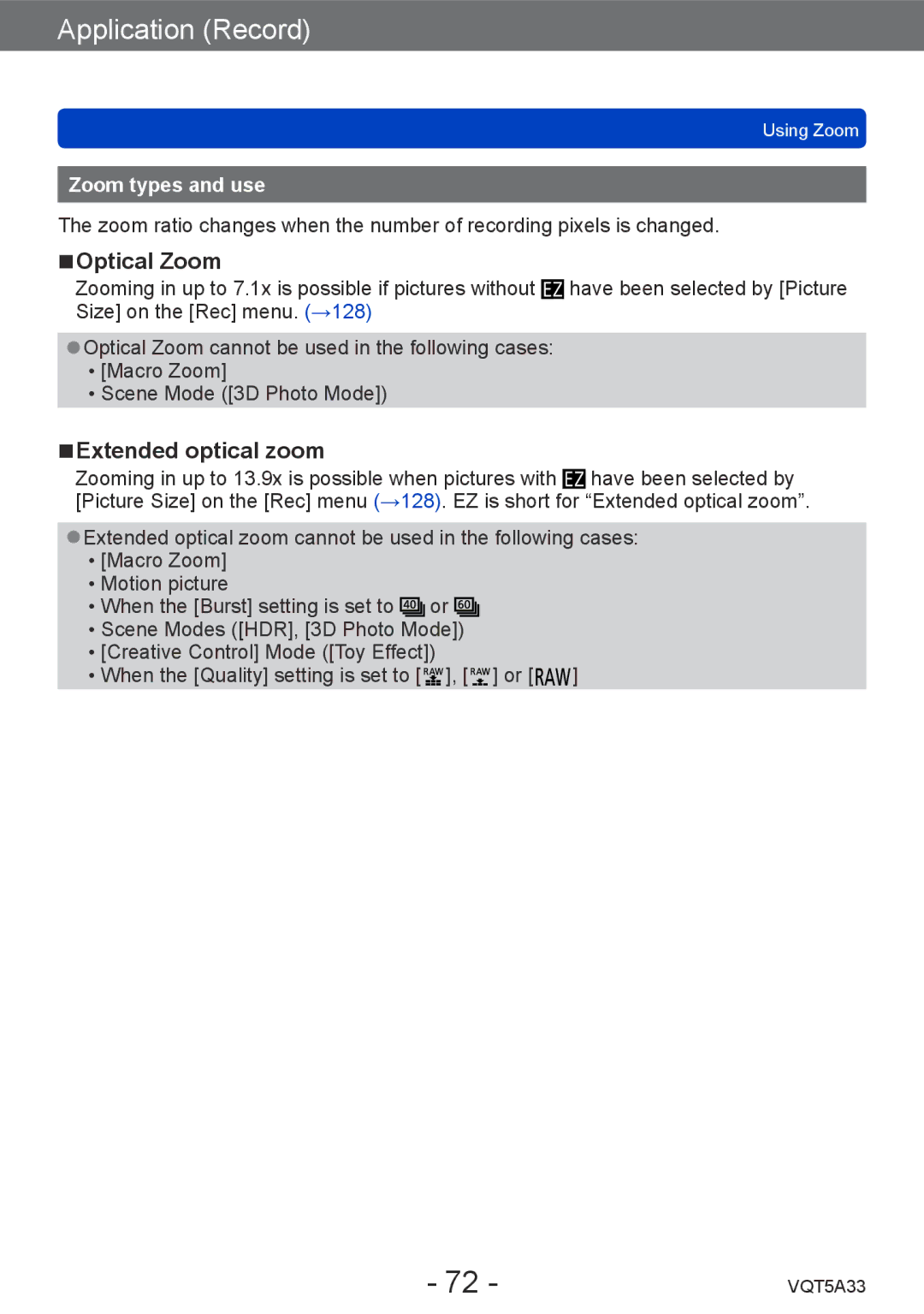 Panasonic DMC-LF1K, DMCLF1W owner manual Optical Zoom, Extended optical zoom, Zoom types and use 