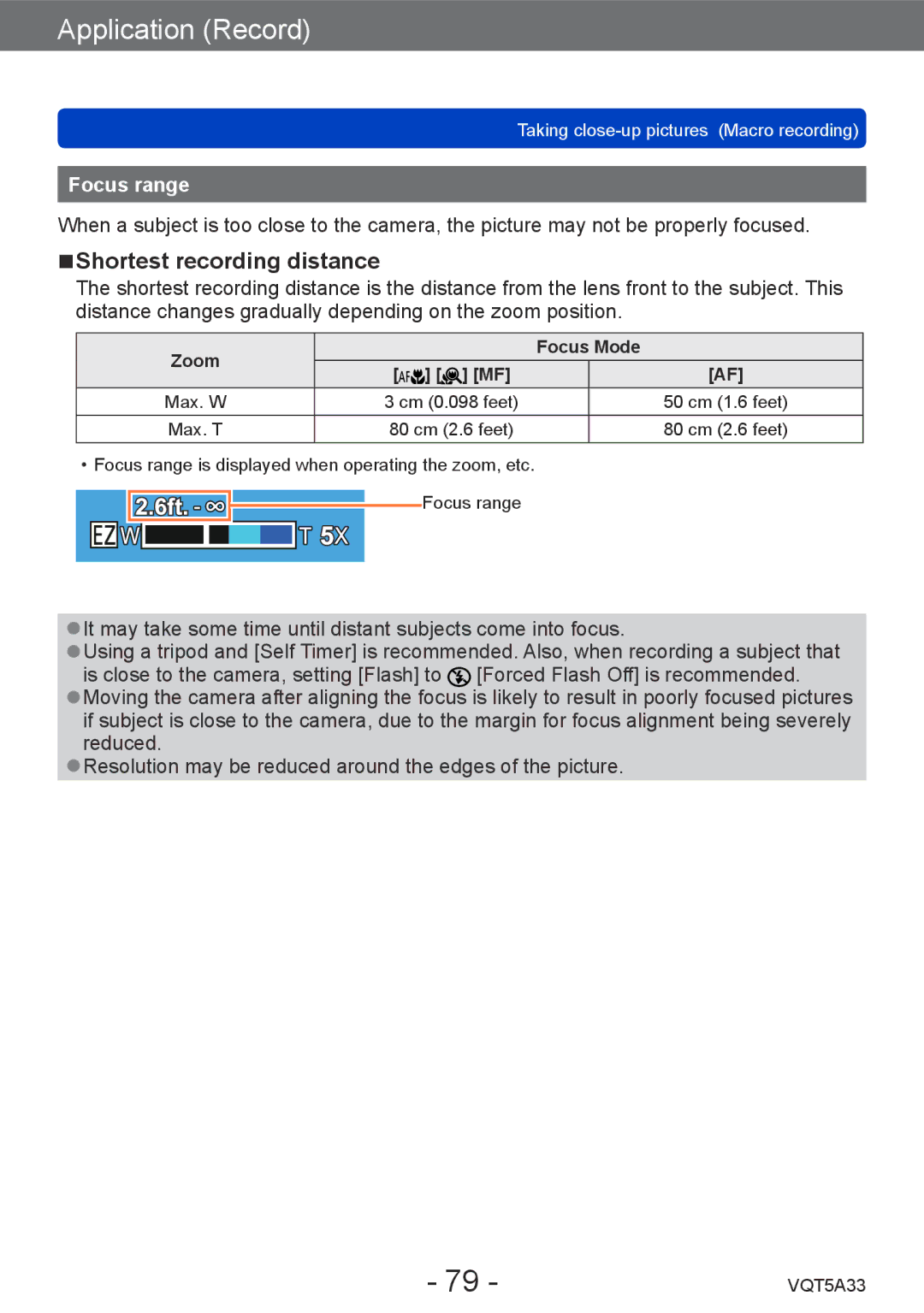 Panasonic DMCLF1W, DMC-LF1K owner manual Shortest recording distance, Focus range, Zoom Focus Mode 