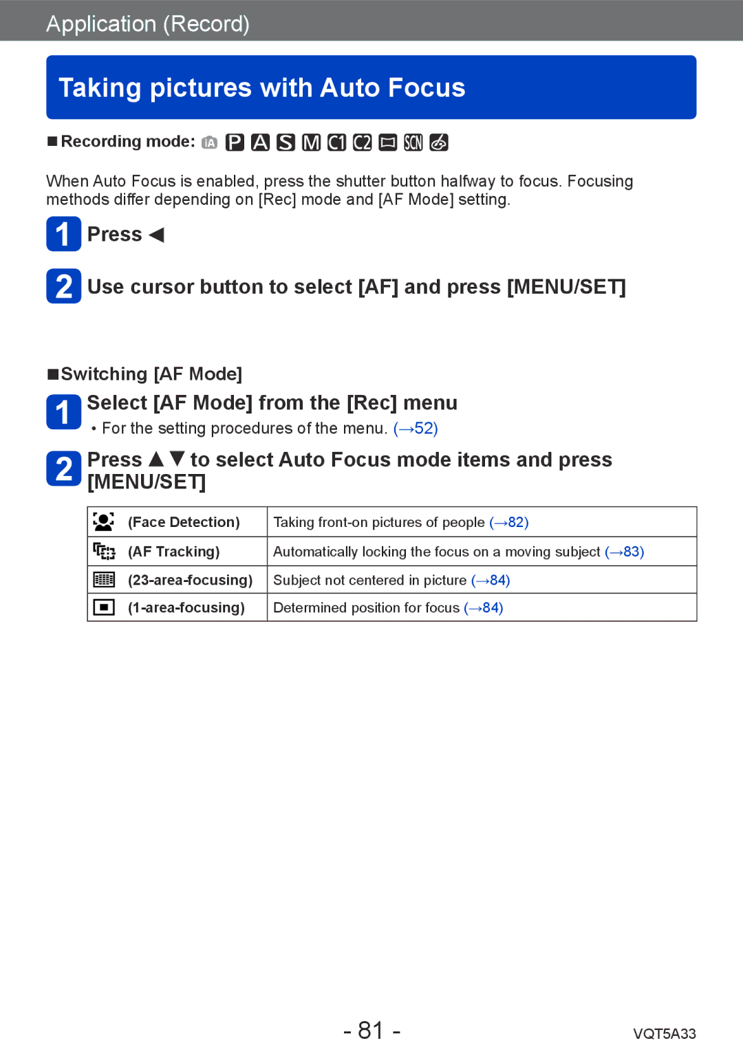 Panasonic DMCLF1W, DMC-LF1K Taking pictures with Auto Focus, Press Use cursor button to select AF and press MENU/SET 