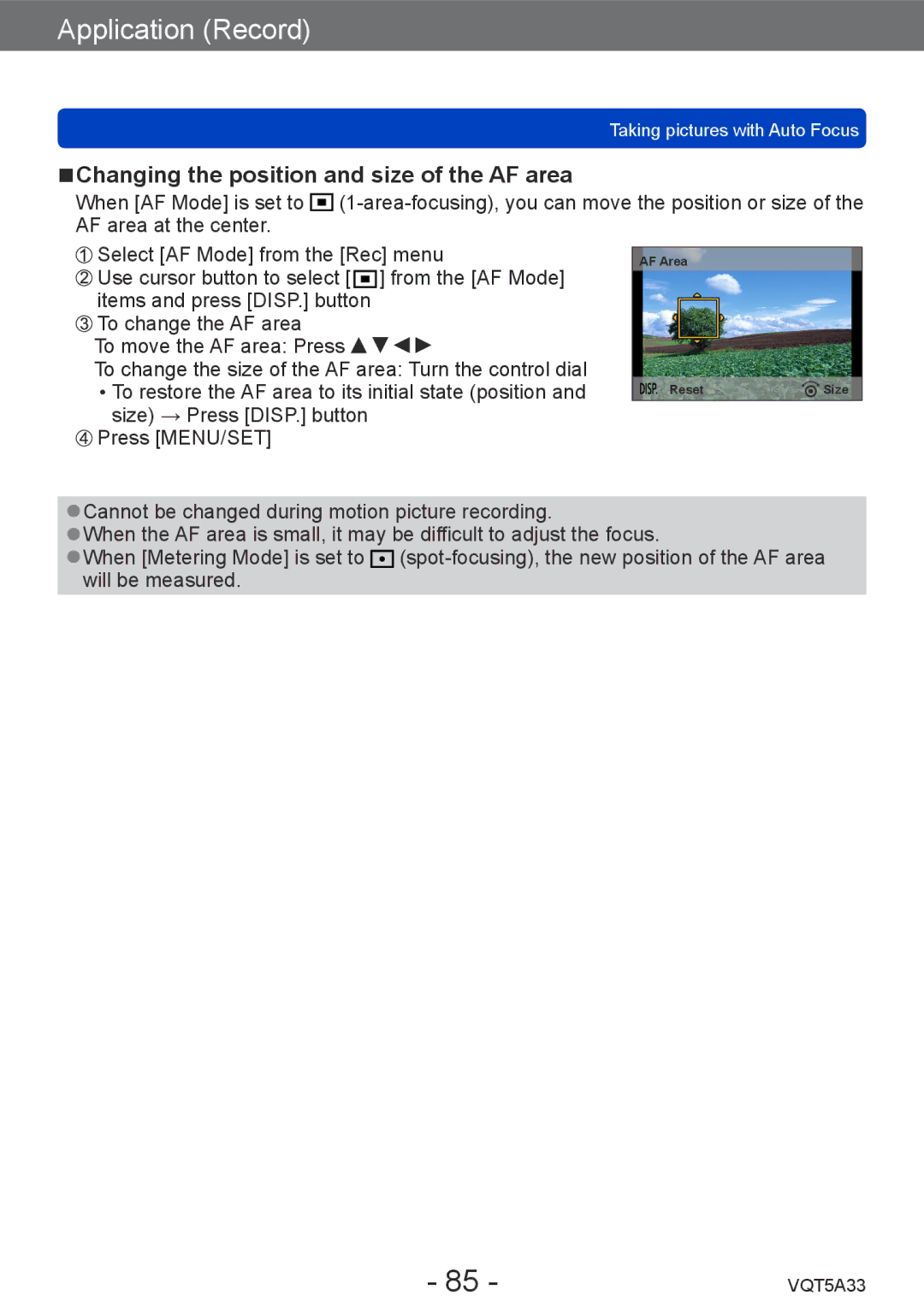 Panasonic DMCLF1W, DMC-LF1K owner manual Changing the position and size of the AF area 