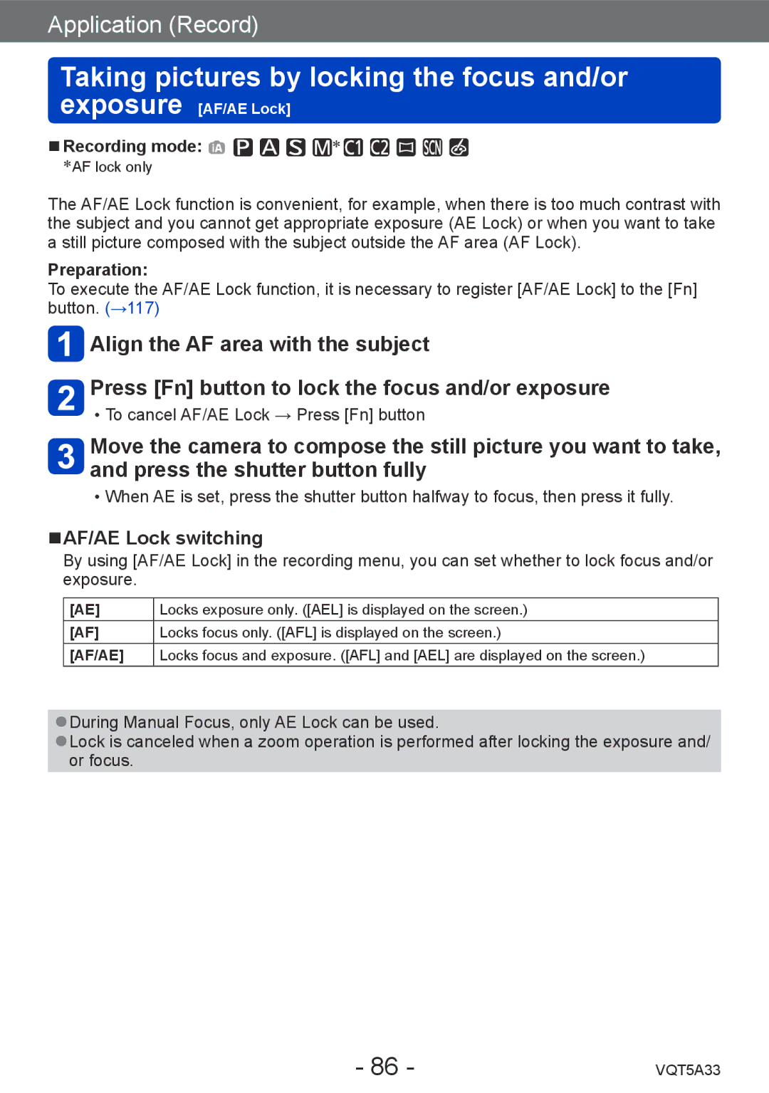 Panasonic DMC-LF1K, DMCLF1W Taking pictures by locking the focus and/or exposure, AF/AE Lock switching, Preparation 