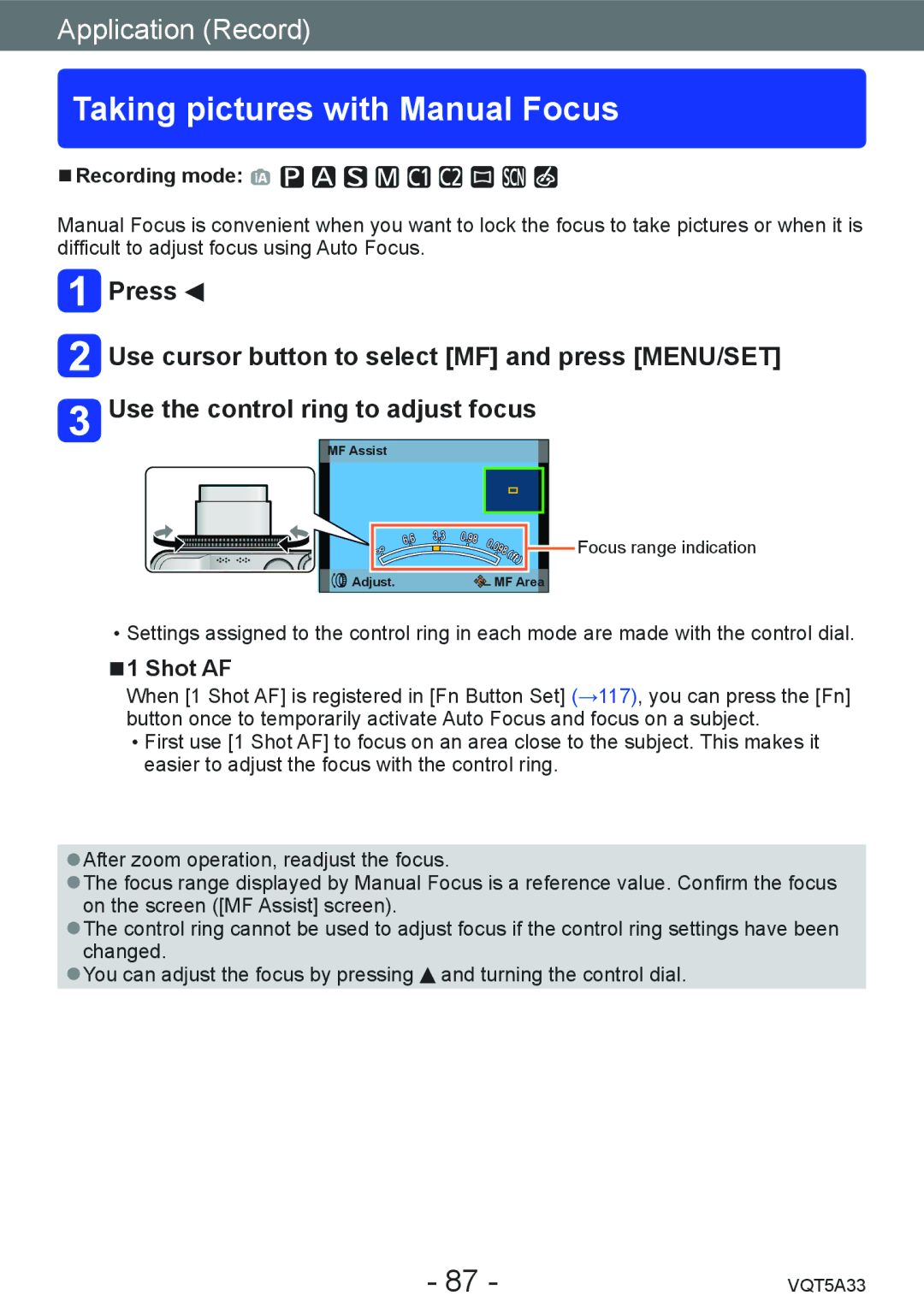 Panasonic DMCLF1W, DMC-LF1K owner manual Taking pictures with Manual Focus, Shot AF, Focus range indication 