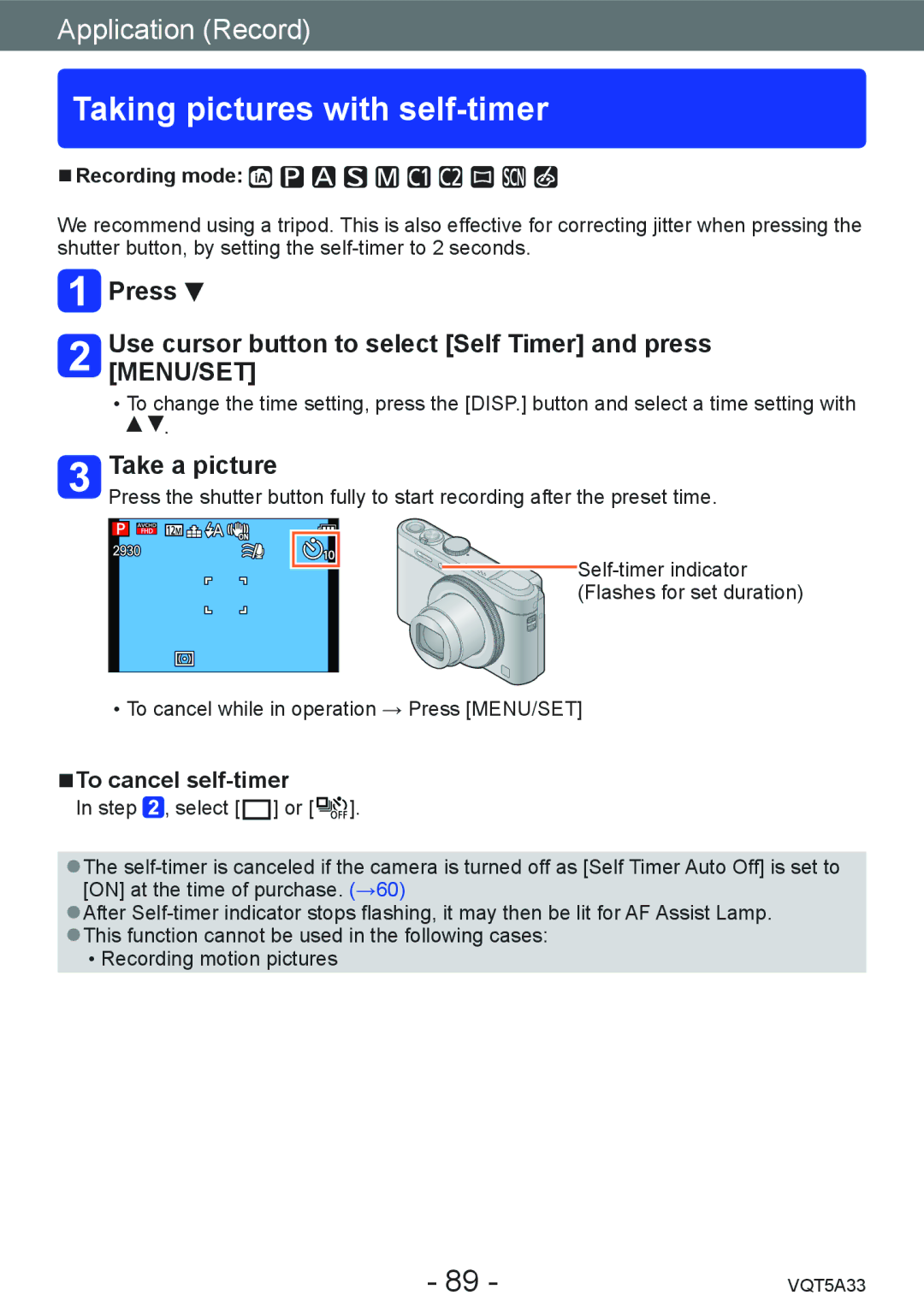 Panasonic DMCLF1W, DMC-LF1K owner manual Taking pictures with self-timer, To cancel self-timer 