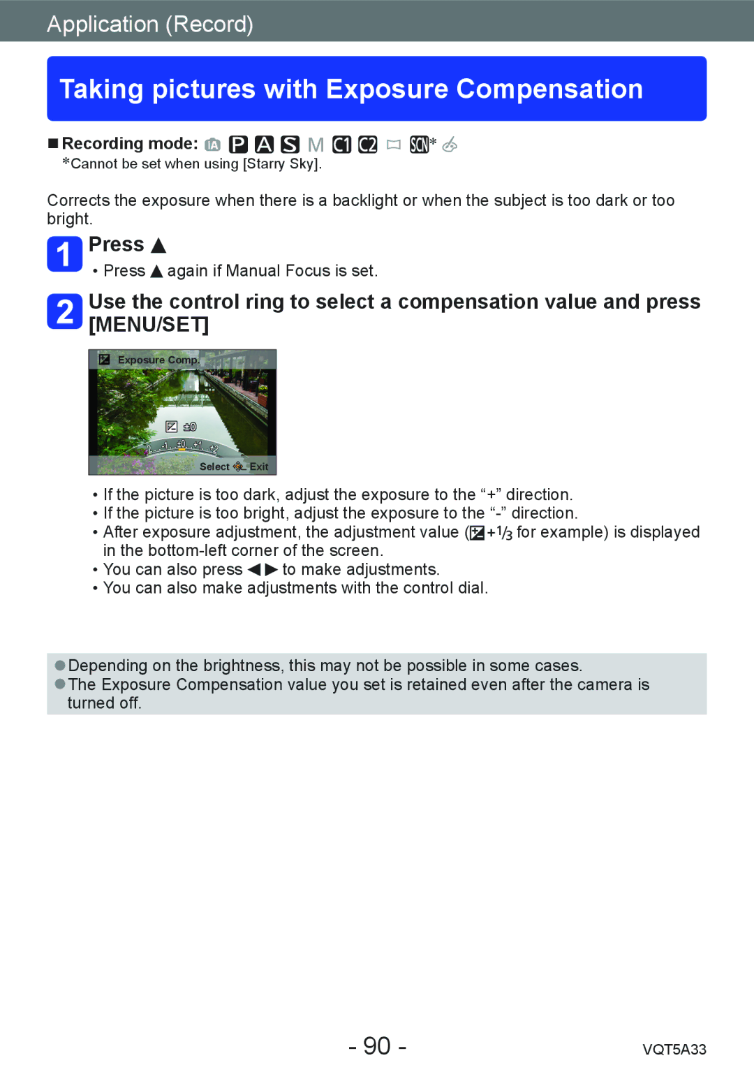 Panasonic DMC-LF1K, DMCLF1W owner manual Taking pictures with Exposure Compensation, Press 