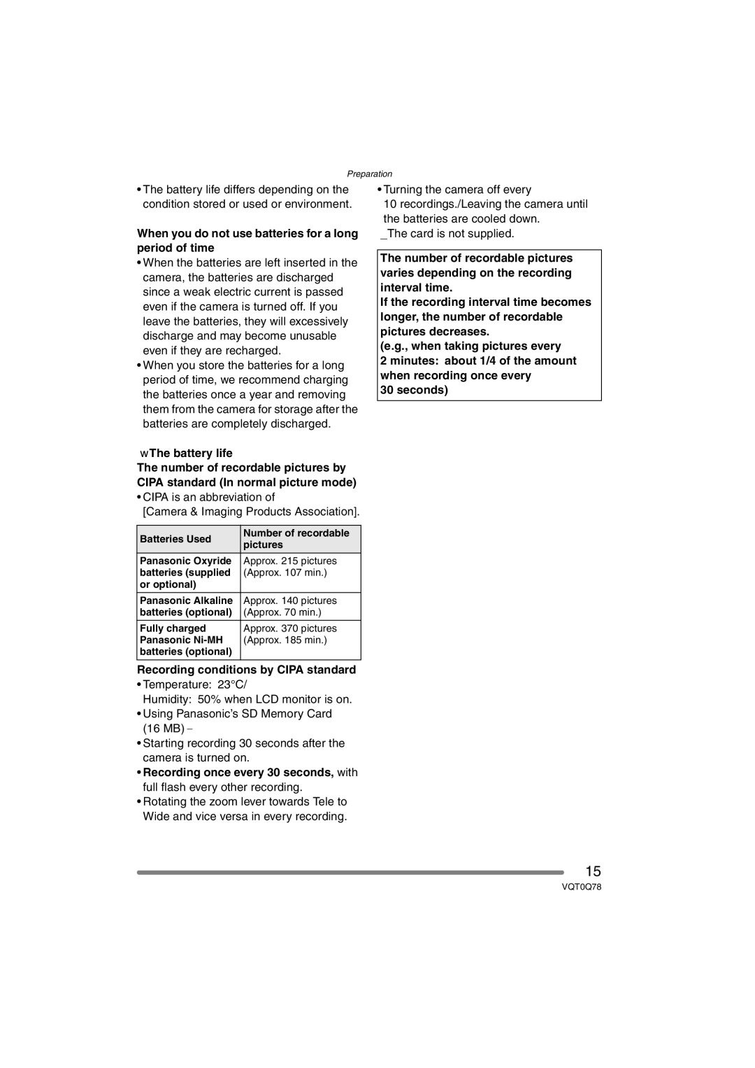 Panasonic DMC-LS1GN operating instructions When you do not use batteries for a long period of time, Battery life, Seconds 