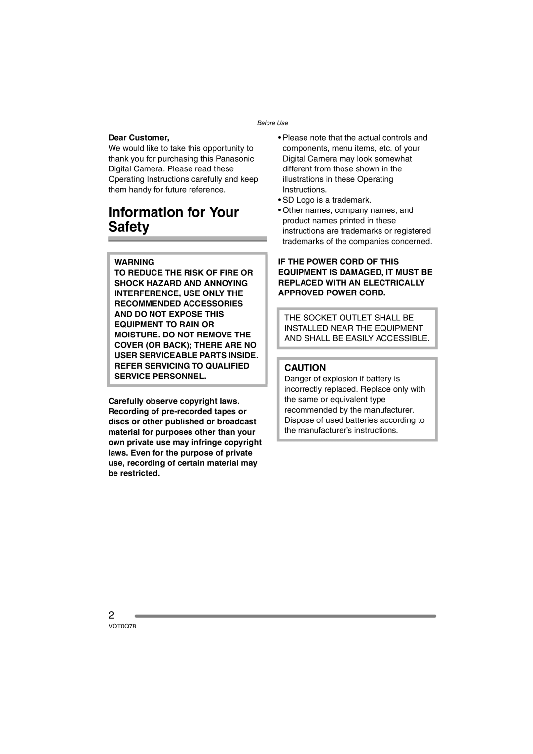 Panasonic DMC-LS1GN operating instructions Information for Your Safety, Dear Customer 