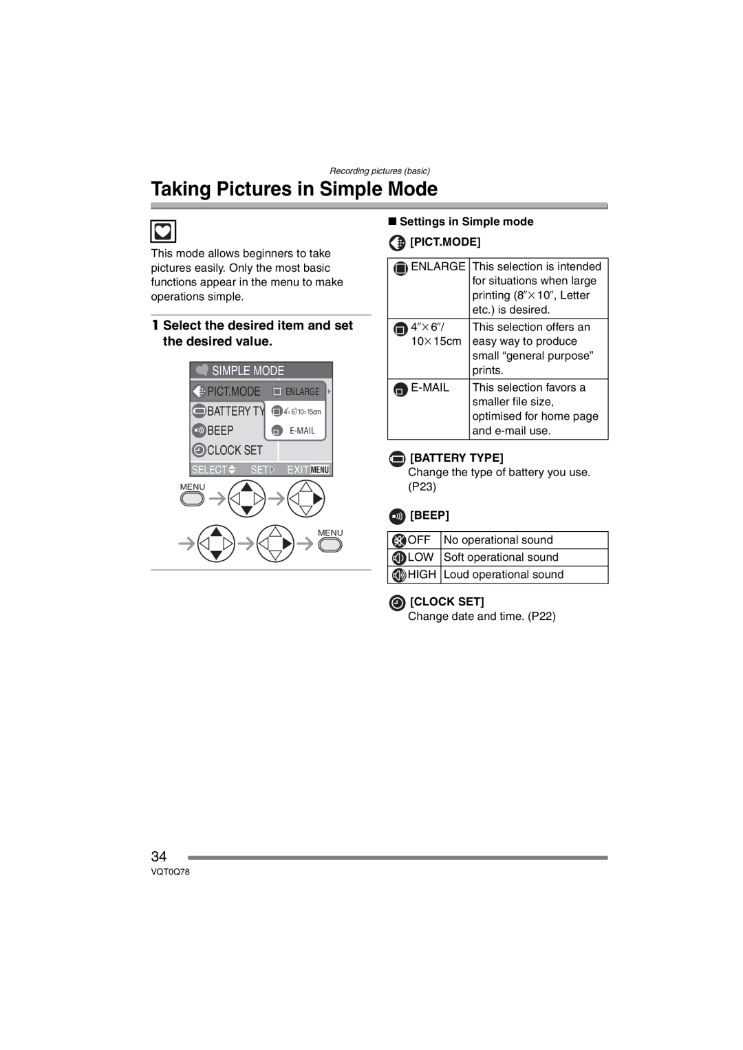 Panasonic DMC-LS1GN Taking Pictures in Simple Mode, Select the desired item and set the desired value, Mail, Beep 