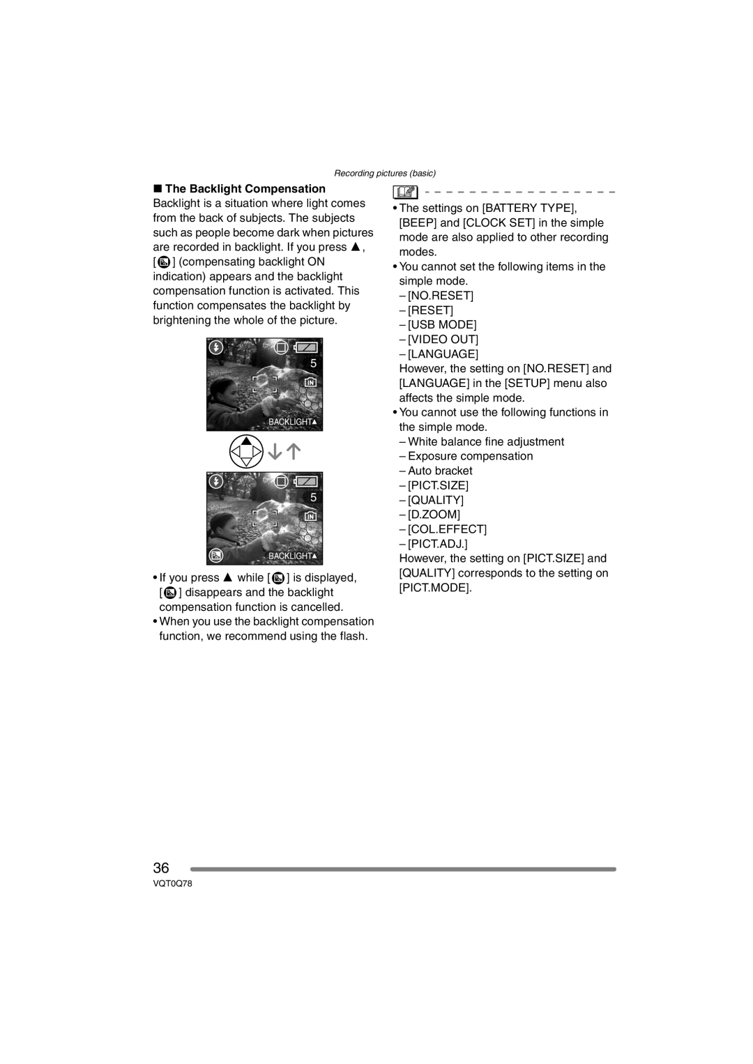 Panasonic DMC-LS1GN NO.RESET Reset USB Mode Video OUT Language, PICT.SIZE Quality, Col.Effect Pict.Adj 