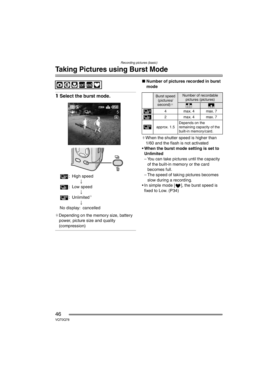 Panasonic DMC-LS1GN Taking Pictures using Burst Mode, Select the burst mode, Number of pictures recorded in burst mode 