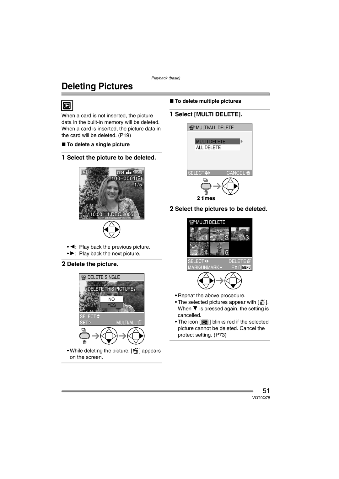 Panasonic DMC-LS1GN Deleting Pictures, Select the picture to be deleted, Delete the picture, Select Multi Delete 