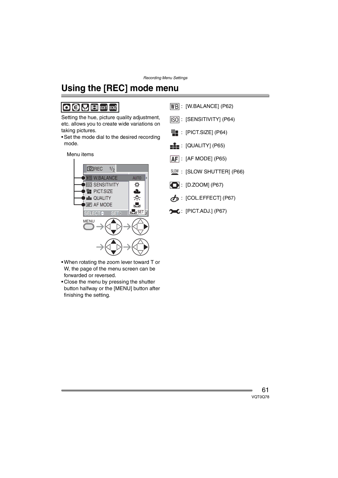 Panasonic DMC-LS1GN operating instructions Using the REC mode menu 