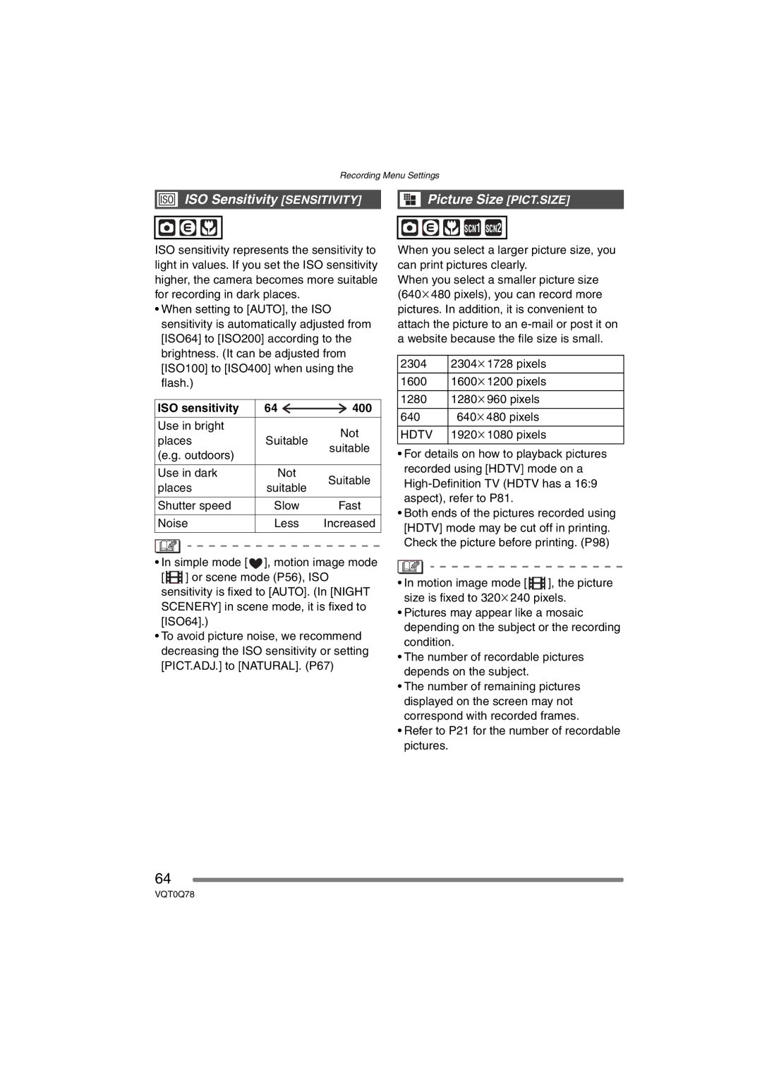 Panasonic DMC-LS1GN operating instructions ISO Sensitivity Sensitivity, Picture Size PICT.SIZE, ISO sensitivity 400, Hdtv 