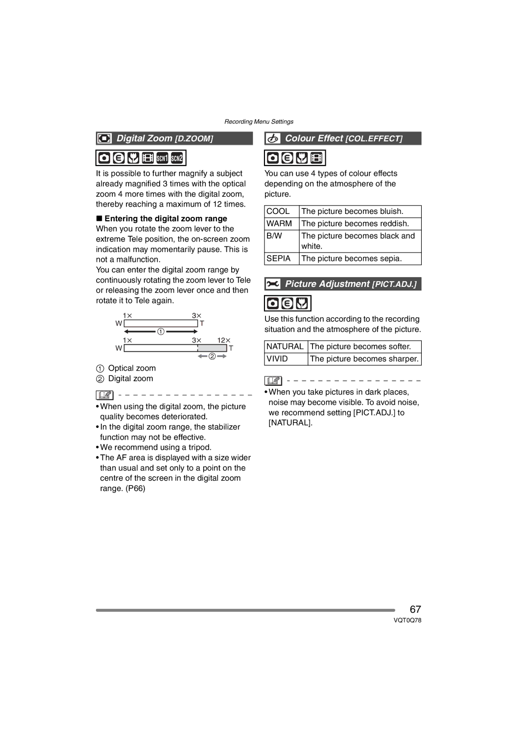 Panasonic DMC-LS1GN operating instructions Digital Zoom D.ZOOM, Colour Effect COL.EFFECT, Picture Adjustment PICT.ADJ 