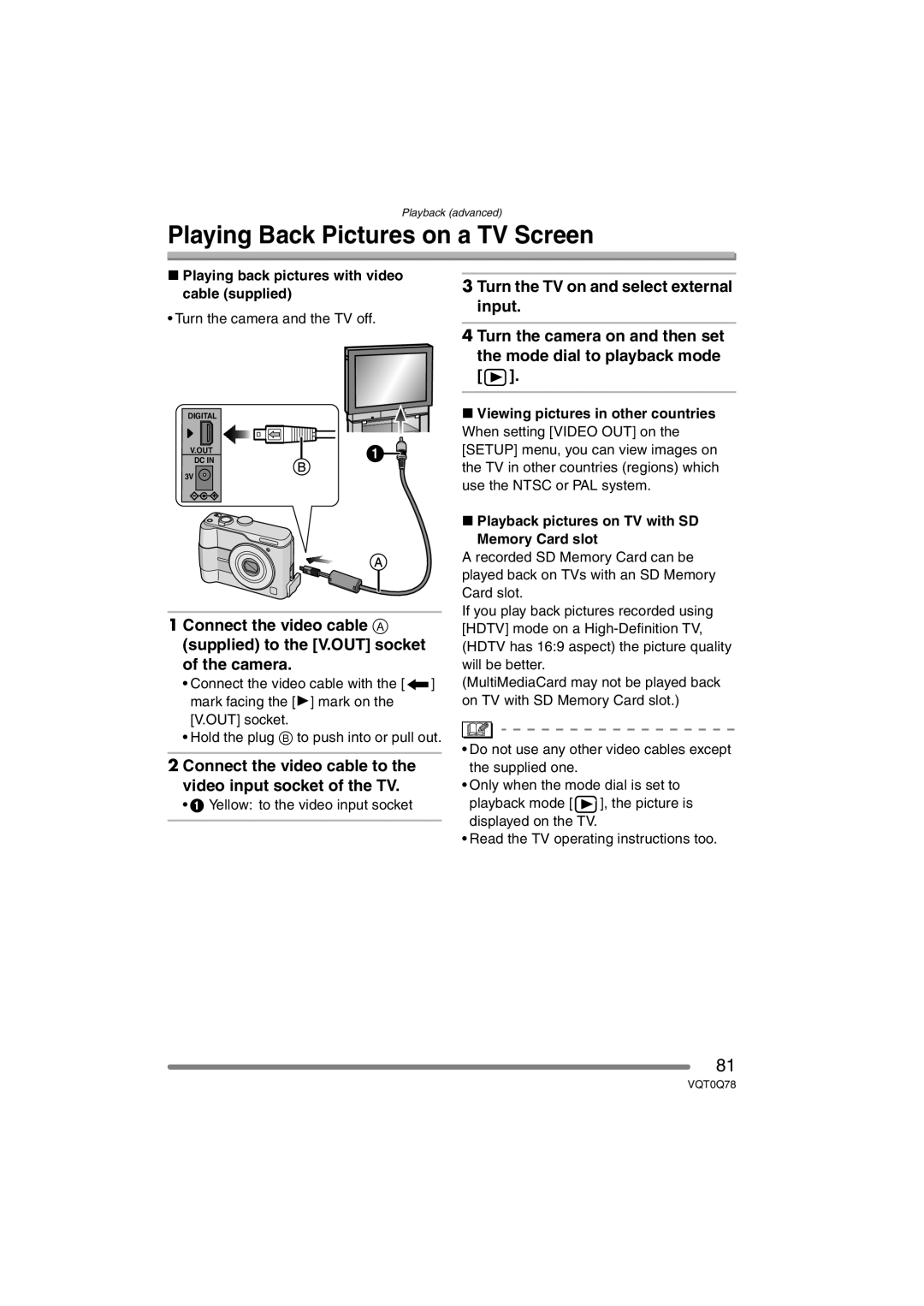 Panasonic DMC-LS1GN Playing Back Pictures on a TV Screen, Connect the video cable to the video input socket of the TV 