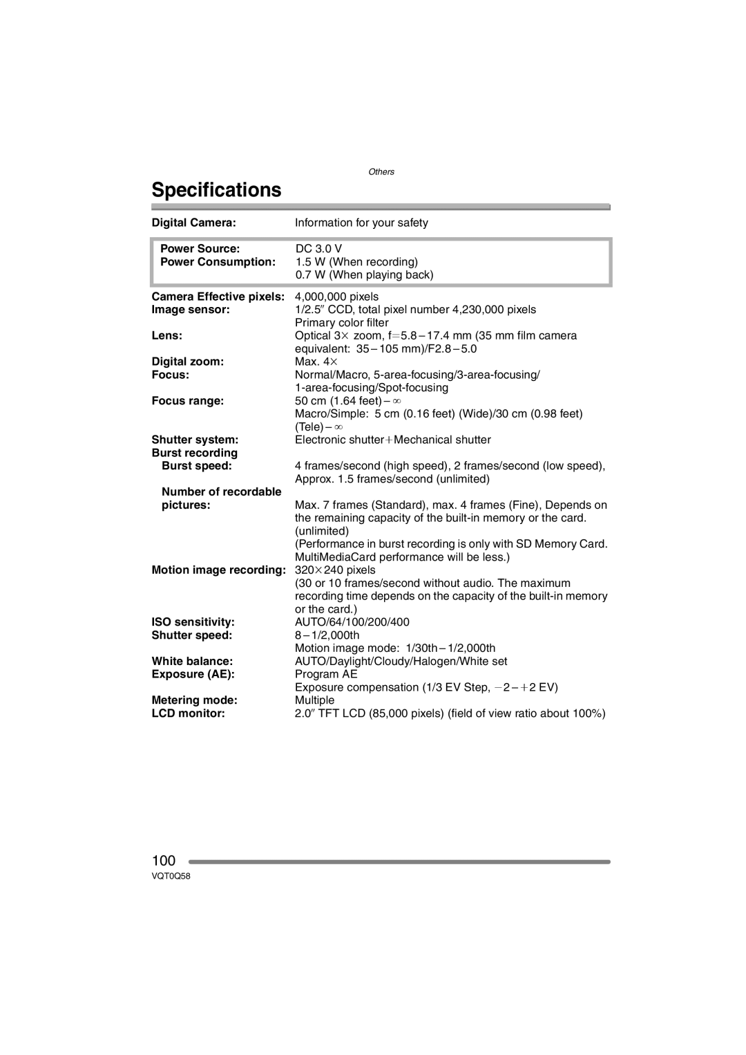 Panasonic DMC-LS1PP operating instructions Specifications 