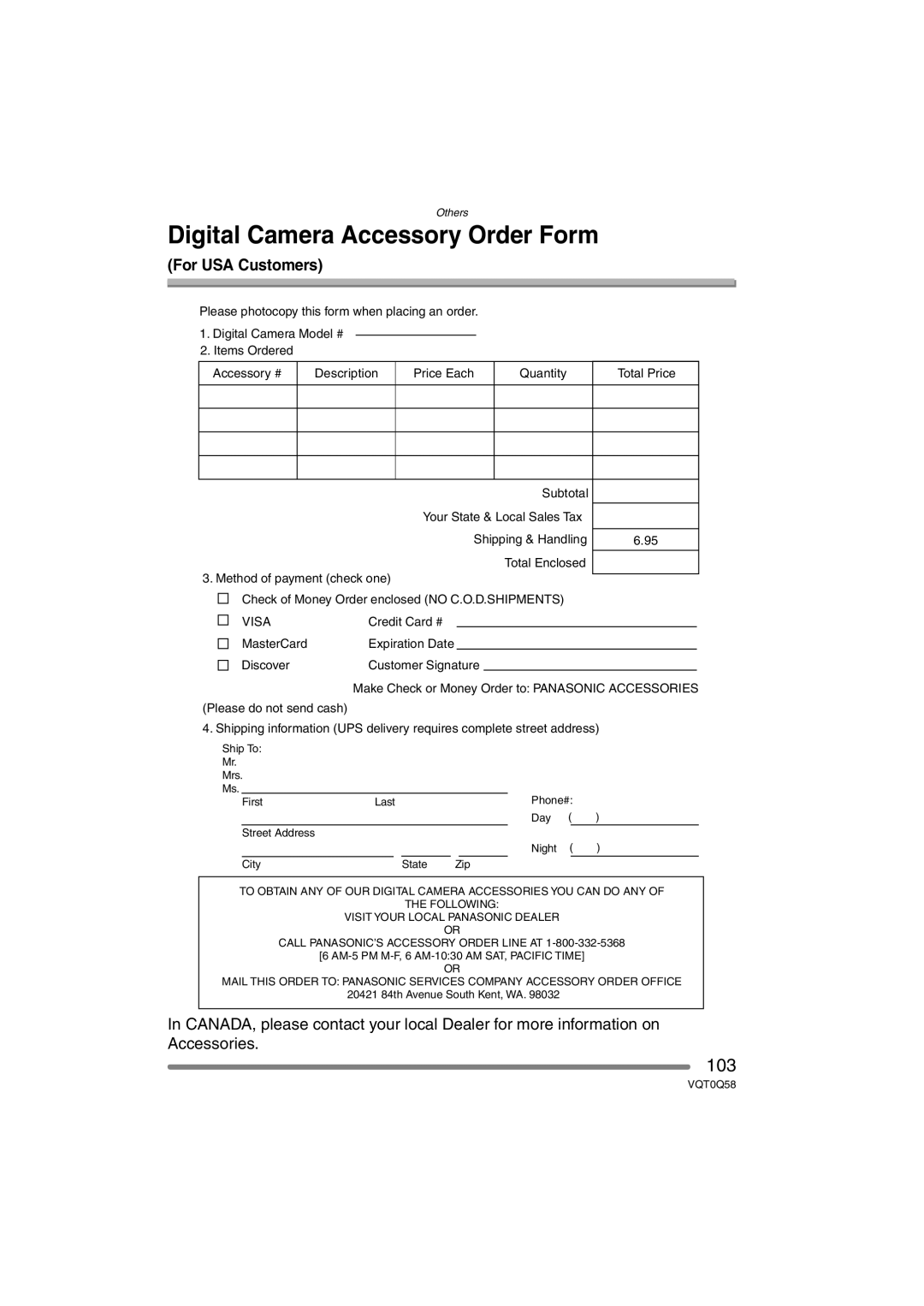 Panasonic DMC-LS1PP operating instructions Digital Camera Accessory Order Form, For USA Customers 