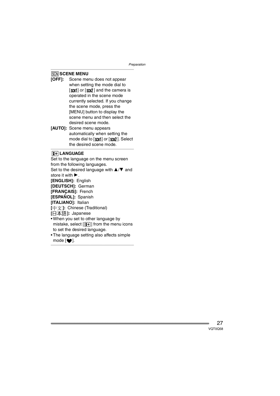 Panasonic DMC-LS1PP operating instructions Scene Menu 