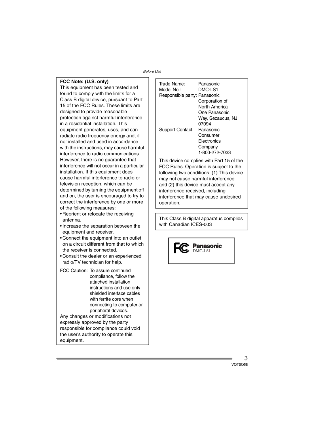 Panasonic DMC-LS1PP operating instructions FCC Note U.S. only 