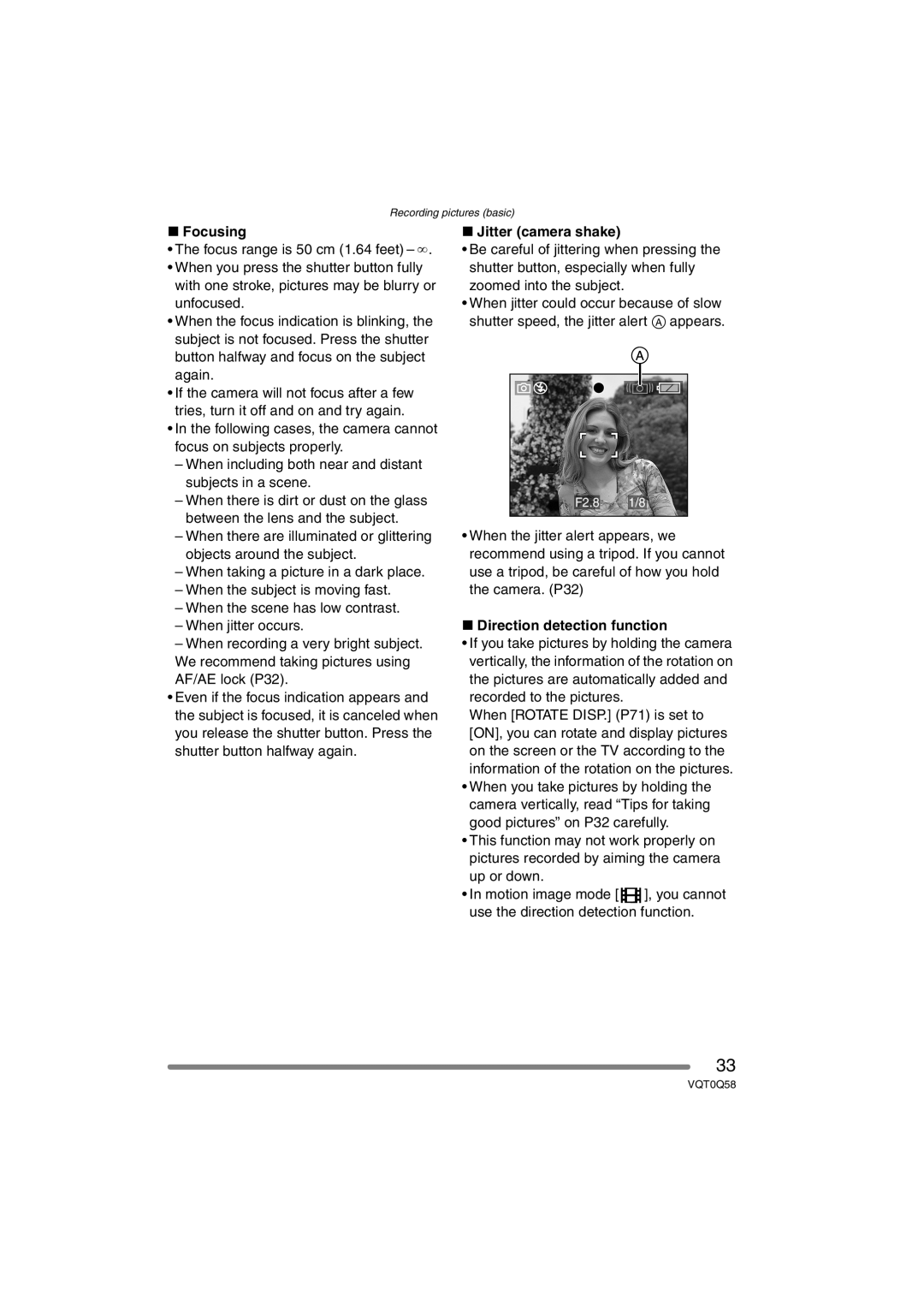 Panasonic DMC-LS1PP operating instructions Focusing, Jitter camera shake, Direction detection function 