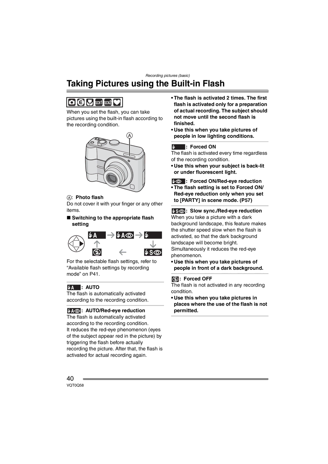 Panasonic DMC-LS1PP operating instructions Taking Pictures using the Built-in Flash 