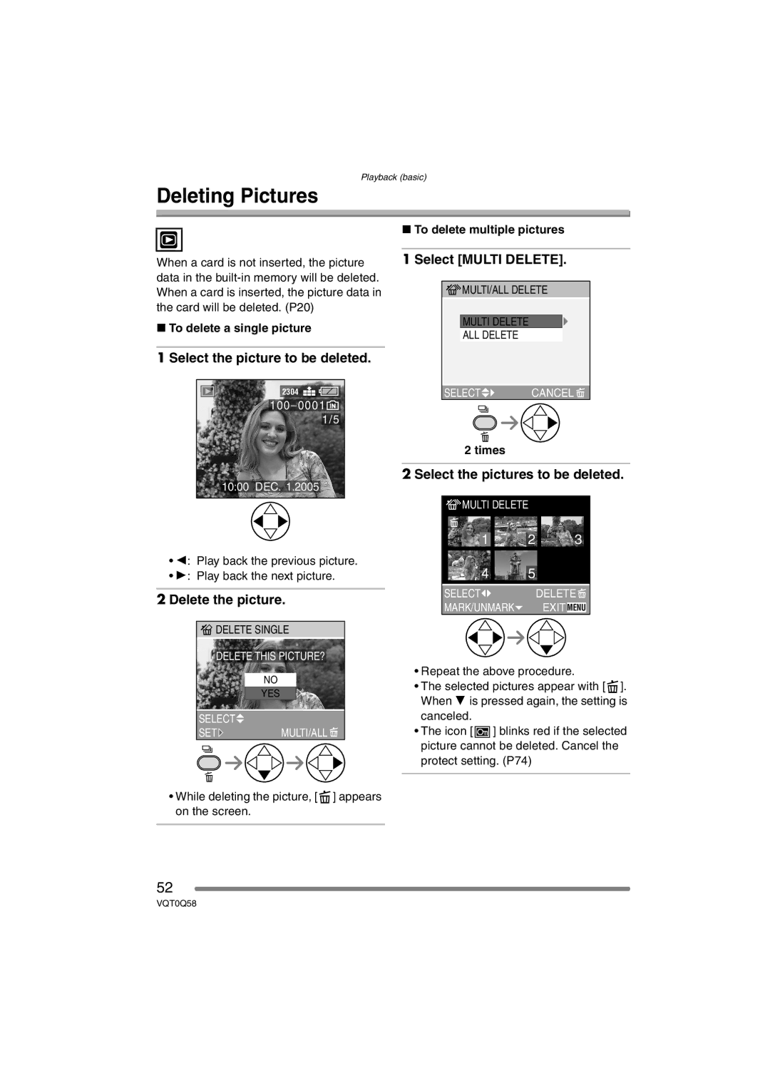 Panasonic DMC-LS1PP Deleting Pictures, Select the picture to be deleted, Delete the picture, Select Multi Delete 