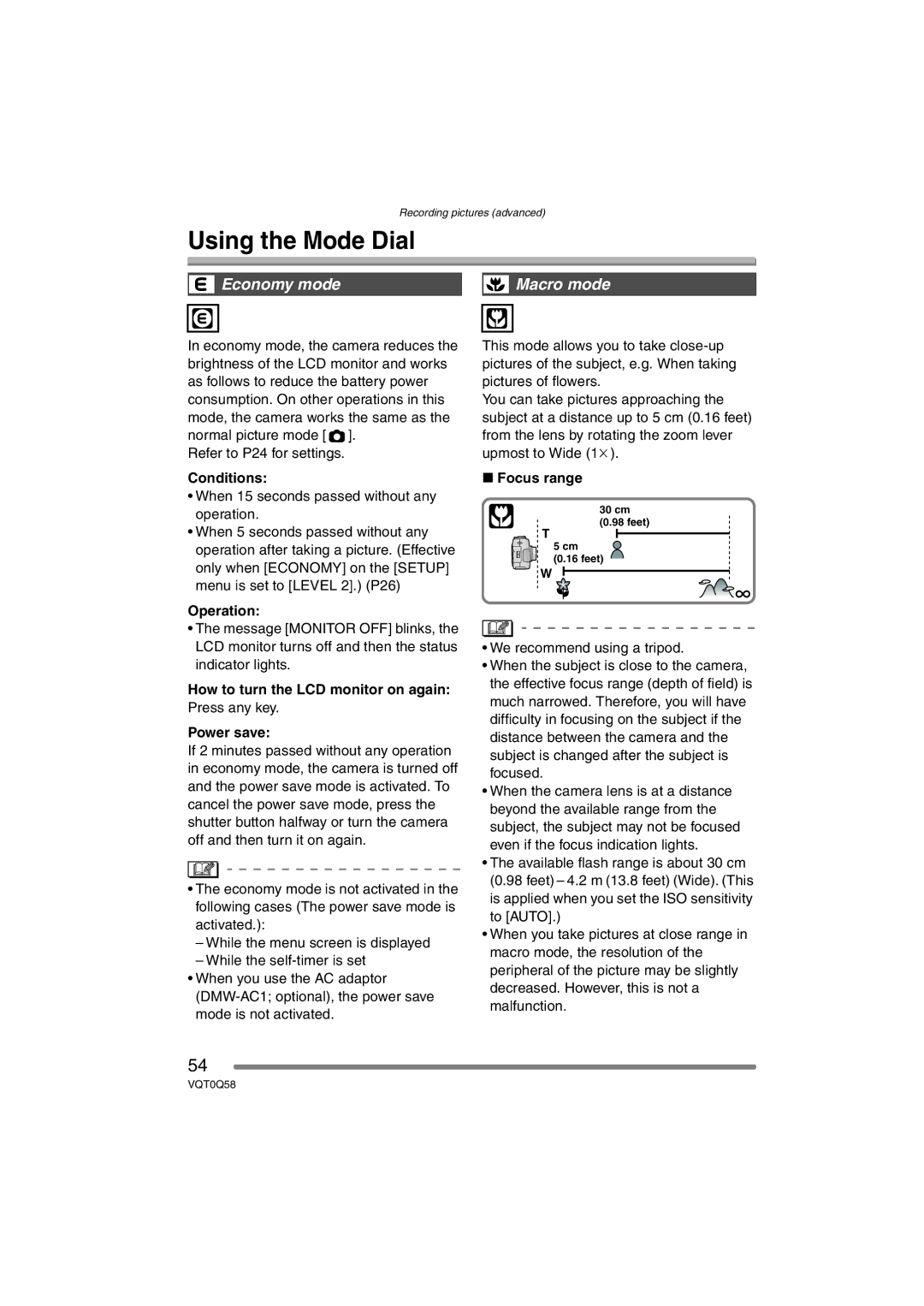 Panasonic DMC-LS1PP operating instructions Using the Mode Dial, Economy mode 