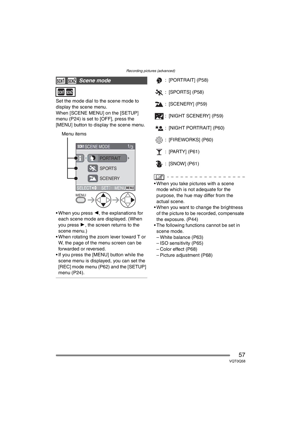 Panasonic DMC-LS1PP operating instructions Scene mode, Night Scenery P59 Night Portrait P60 