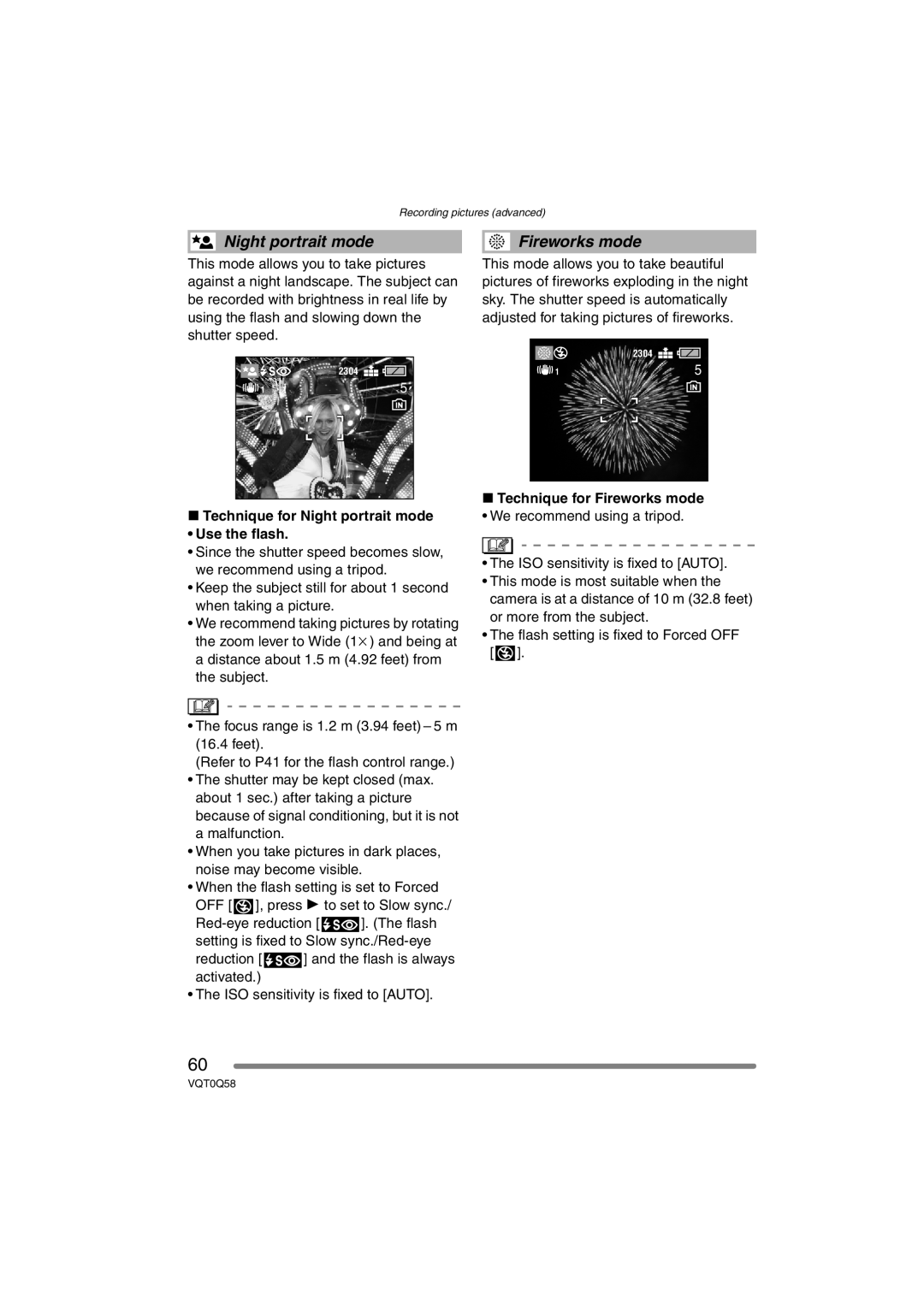 Panasonic DMC-LS1PP operating instructions Technique for Night portrait mode Use the flash, Technique for Fireworks mode 