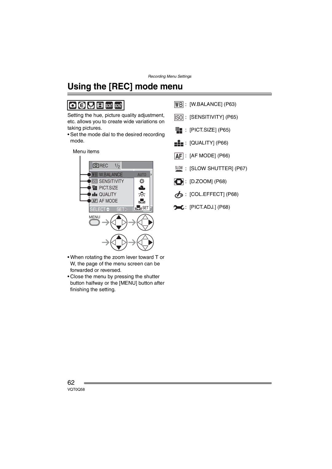 Panasonic DMC-LS1PP operating instructions Using the REC mode menu 