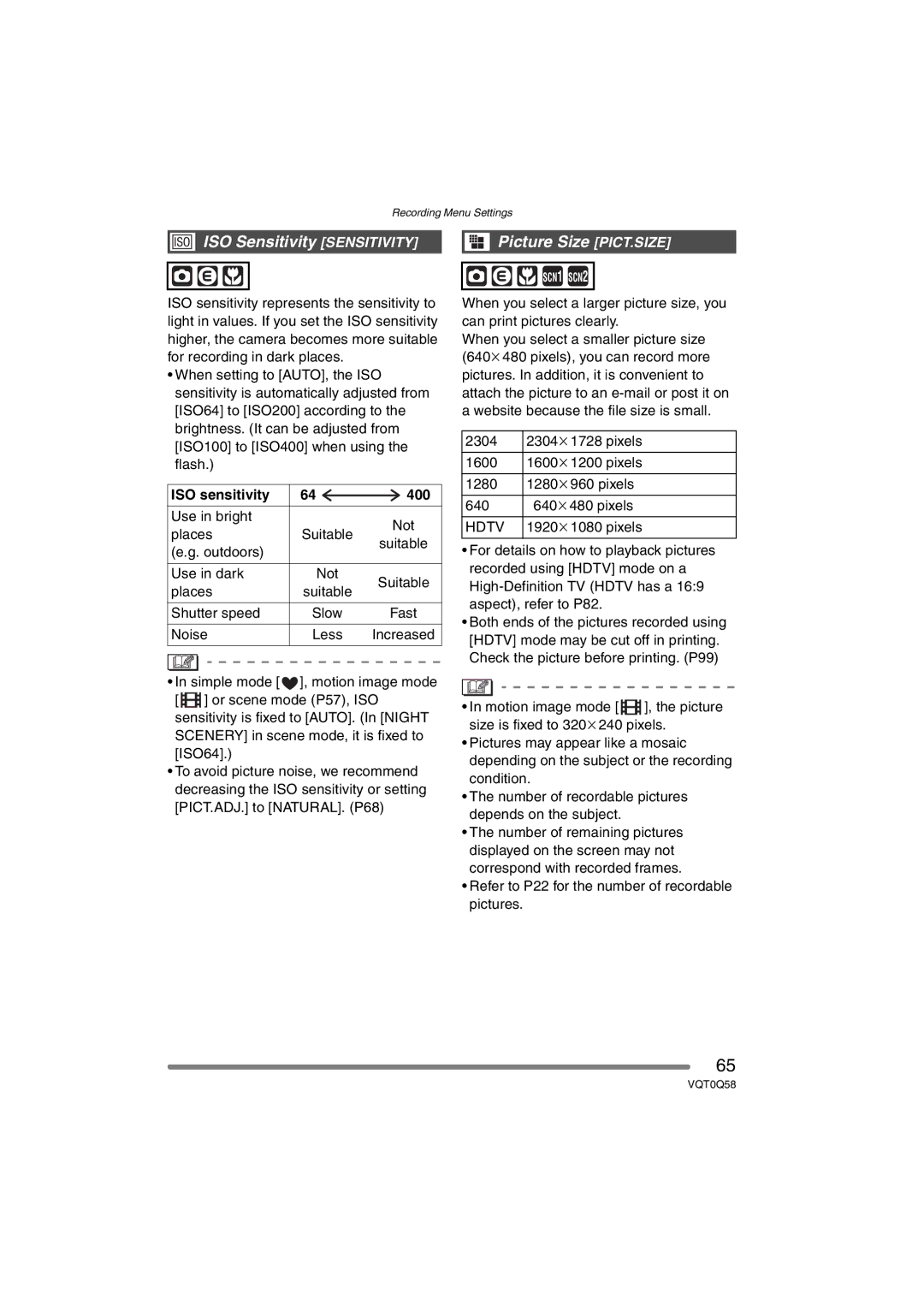 Panasonic DMC-LS1PP operating instructions ISO Sensitivity Sensitivity, Picture Size PICT.SIZE, ISO sensitivity 400, Hdtv 