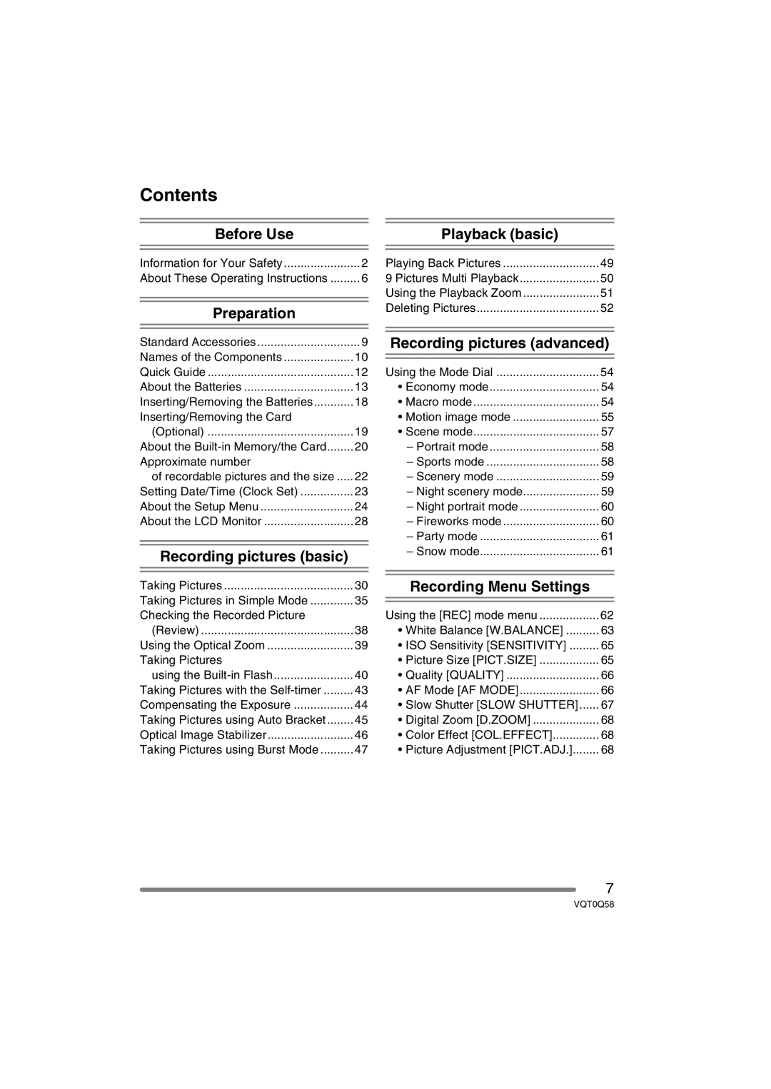 Panasonic DMC-LS1PP operating instructions Contents 