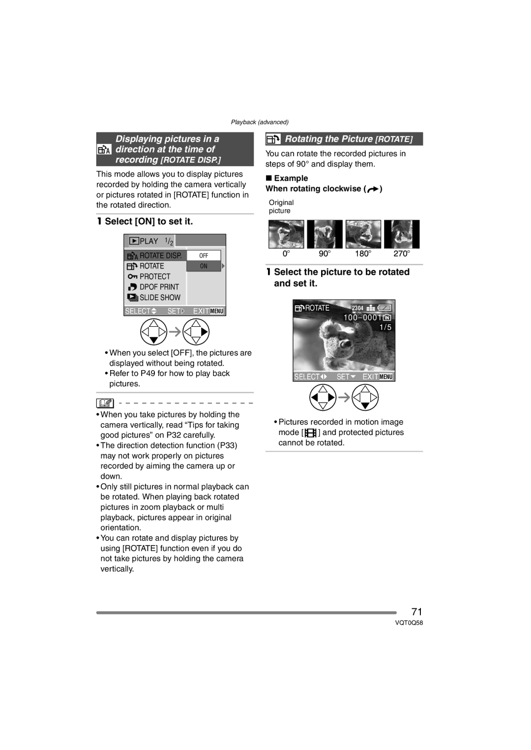 Panasonic DMC-LS1PP Select on to set it, Rotating the Picture Rotate, Select the picture to be rotated and set it 