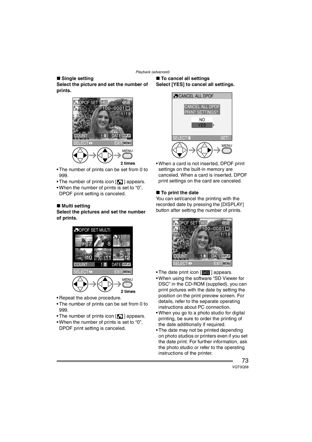 Panasonic DMC-LS1PP operating instructions To cancel all settings Select YES to cancel all settings, To print the date 