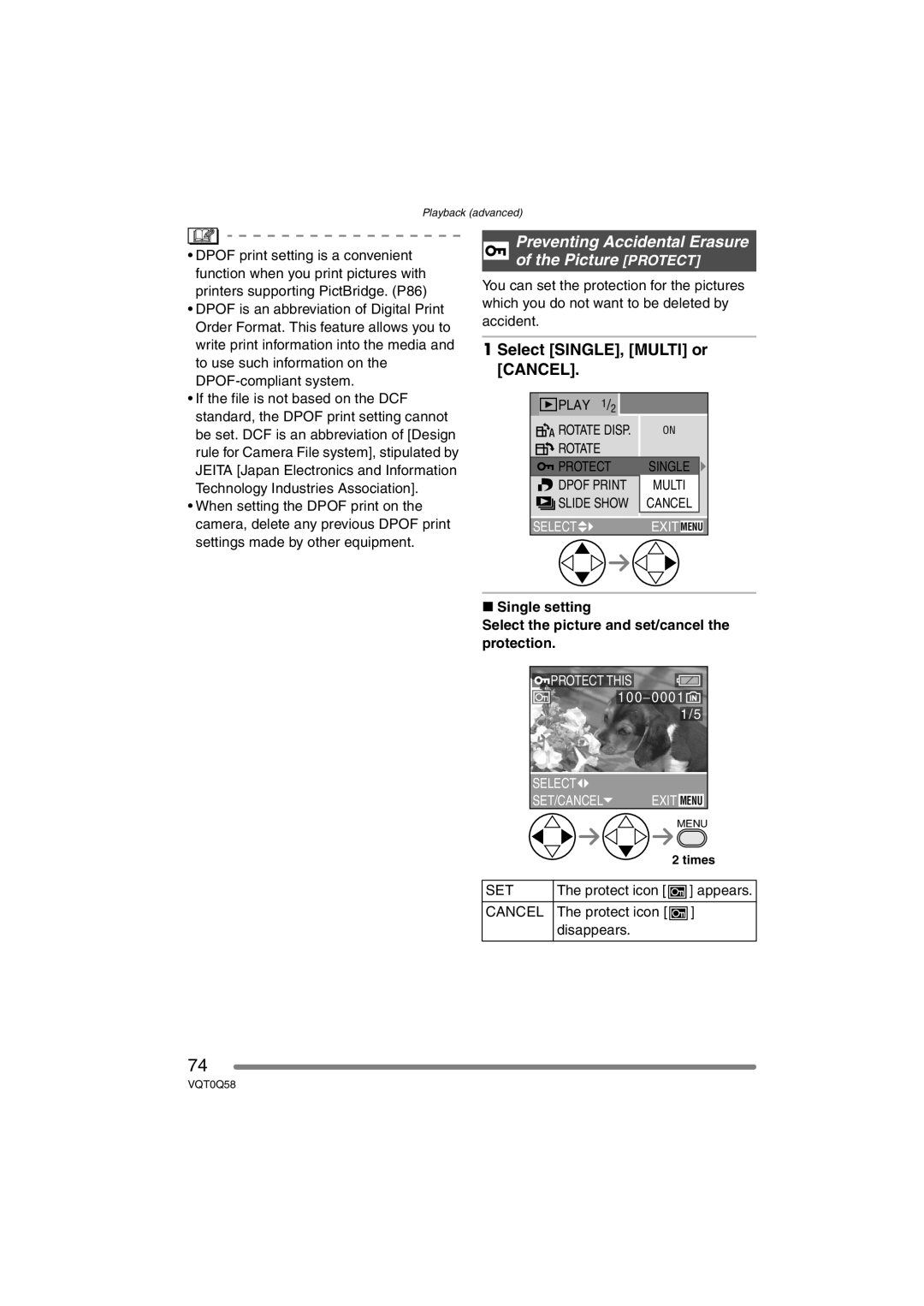 Panasonic DMC-LS1PP operating instructions Preventing Accidental Erasure of the Picture Protect, Set, Cancel 