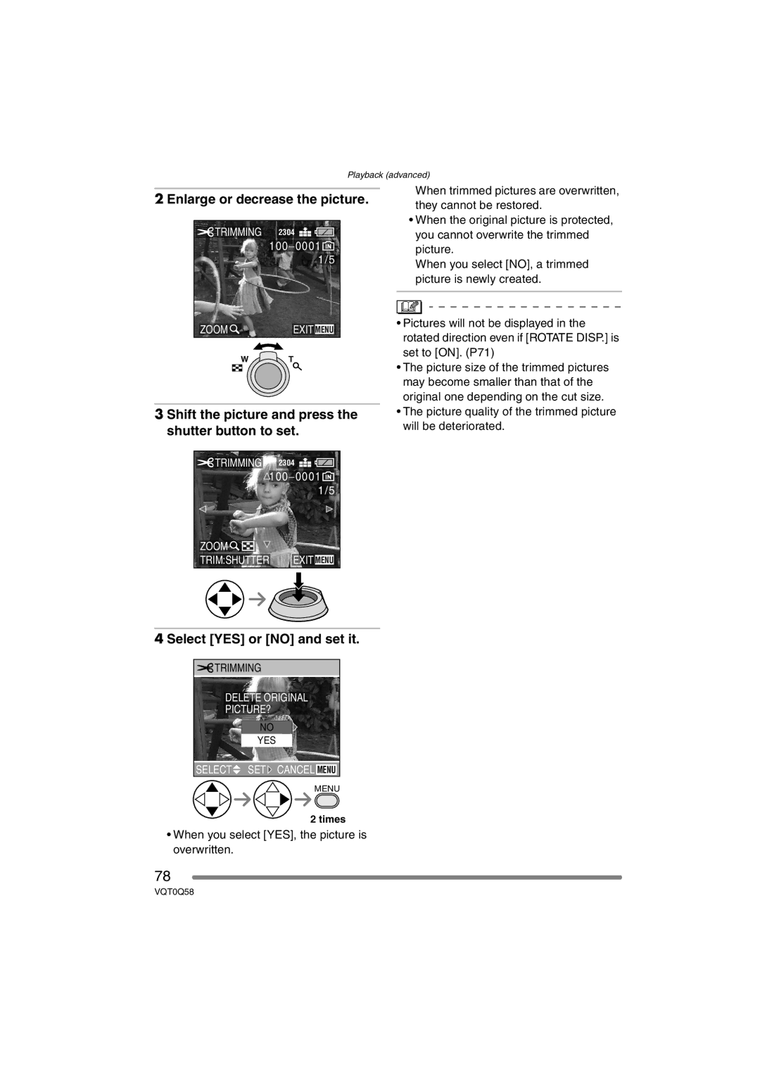 Panasonic DMC-LS1PP Enlarge or decrease the picture, Shift the picture and press the shutter button to set 