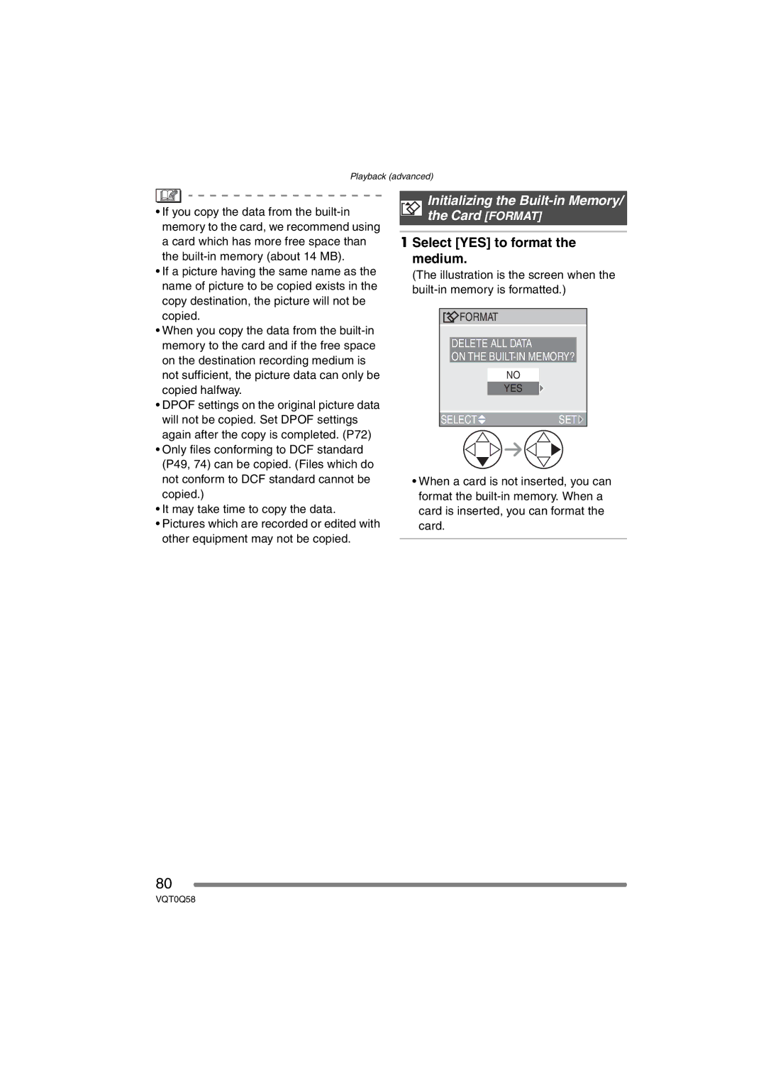 Panasonic DMC-LS1PP operating instructions Initializing the Built-in Memory Card Format, Select YES to format the medium 